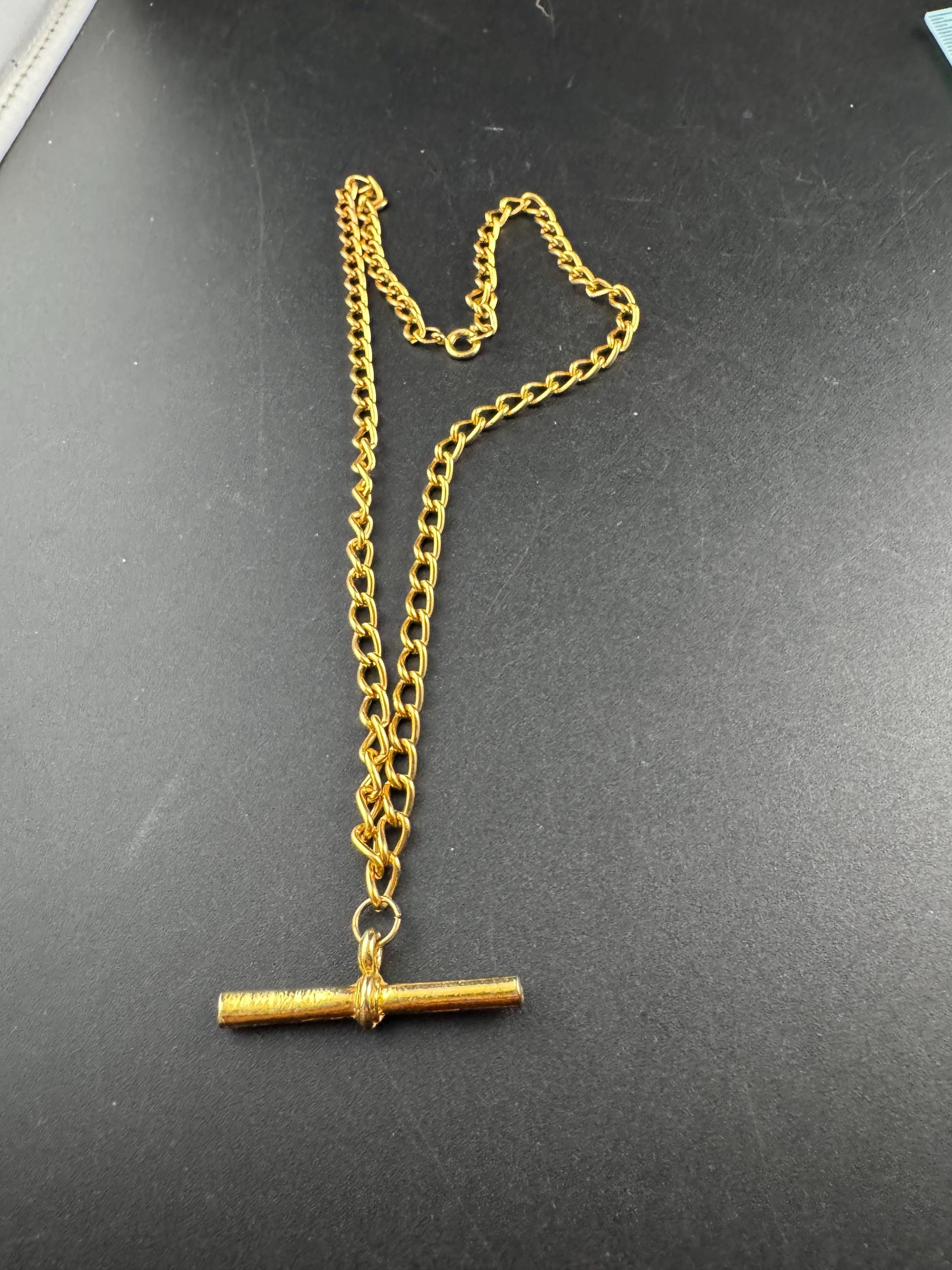 retro Victorian style gold curb chain T Bar watch chain necklace