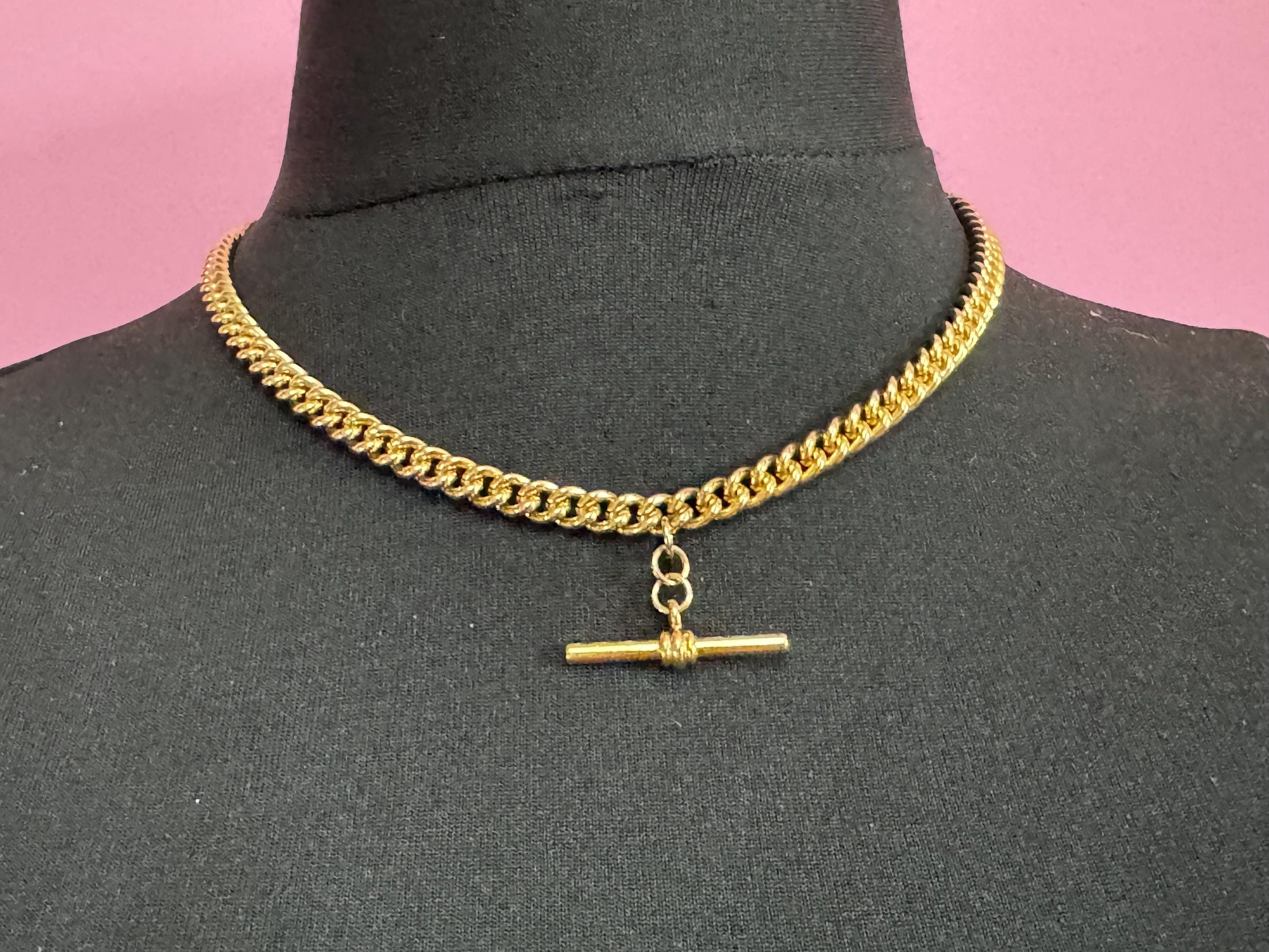 retro chunky Victorian style gold curb chain T Bar watch chain necklace