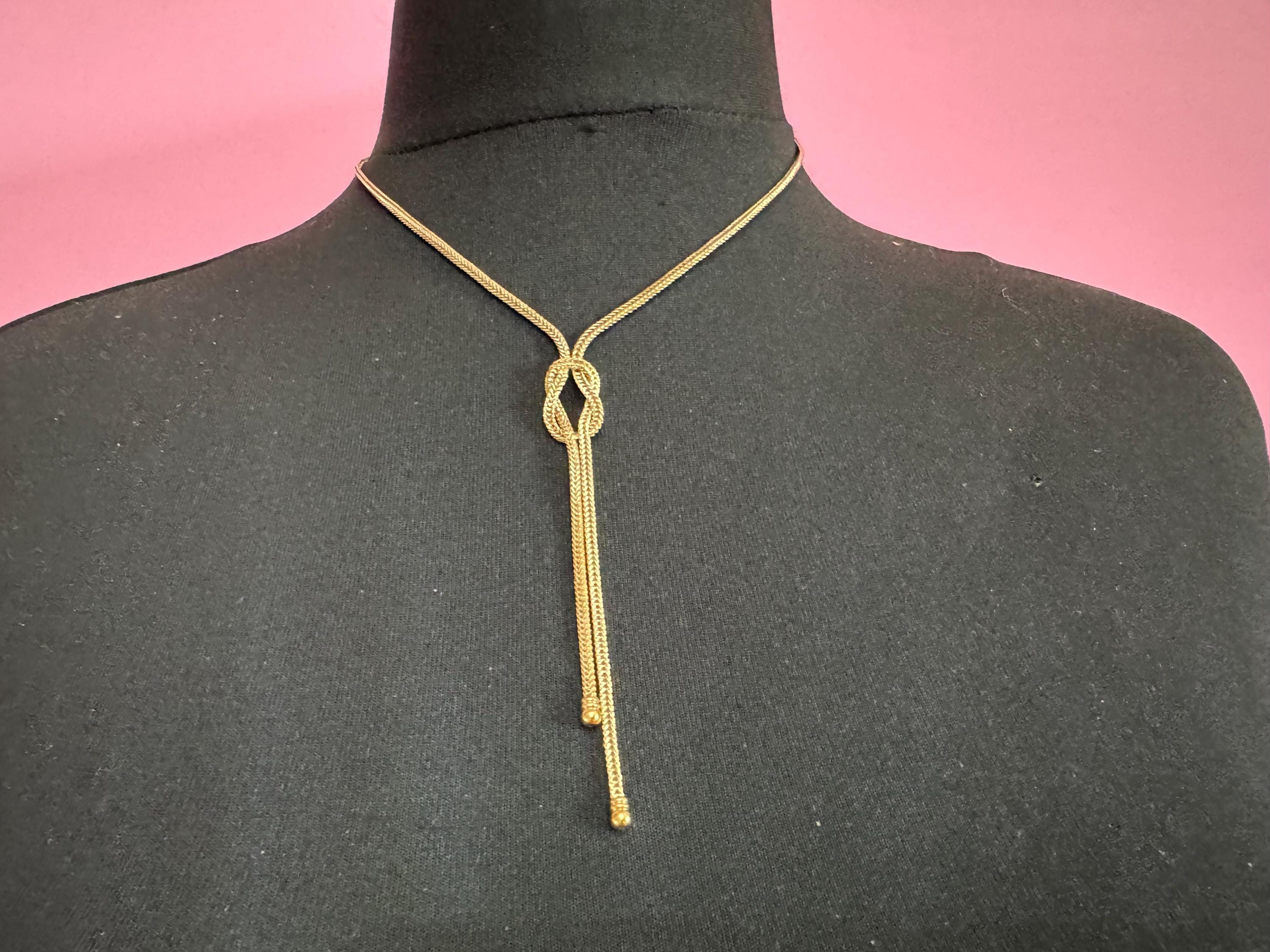 Vintage knot tassel necklace, gold tone woven mesh