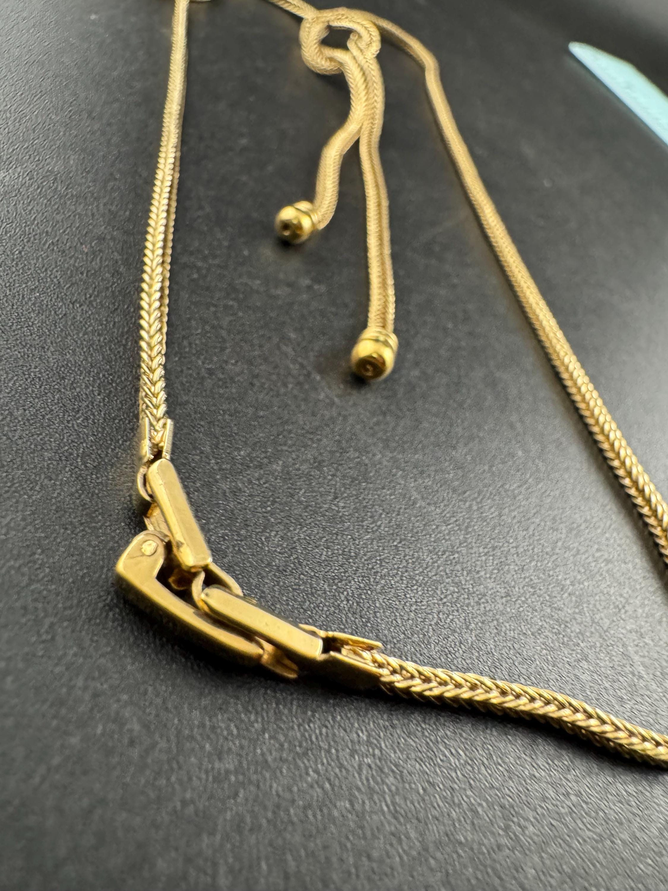 Vintage knot tassel necklace, gold tone woven mesh