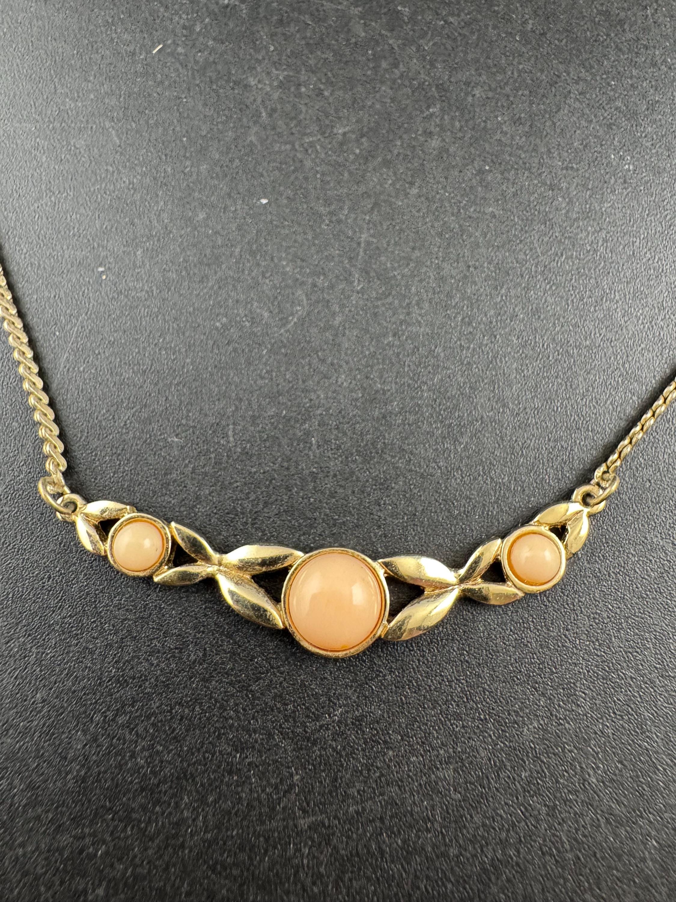 Signed Avon dainty 80s gold flat link chain with coral peach cabochons, plated necklace