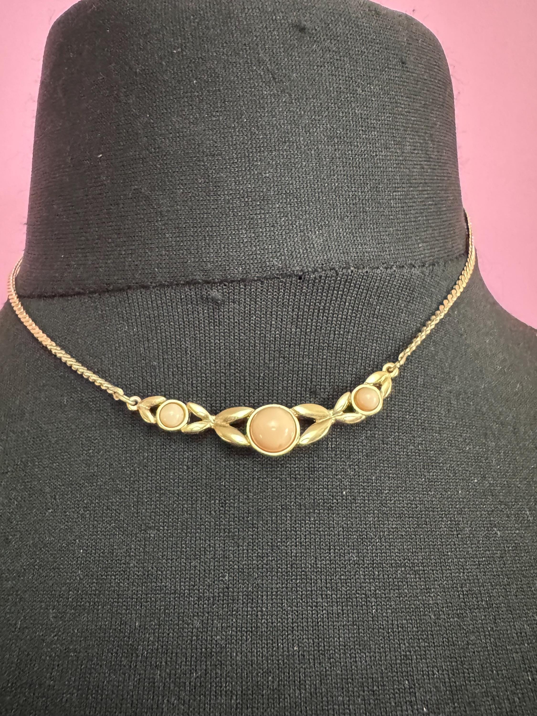 Signed Avon dainty 80s gold flat link chain with coral peach cabochons, plated necklace