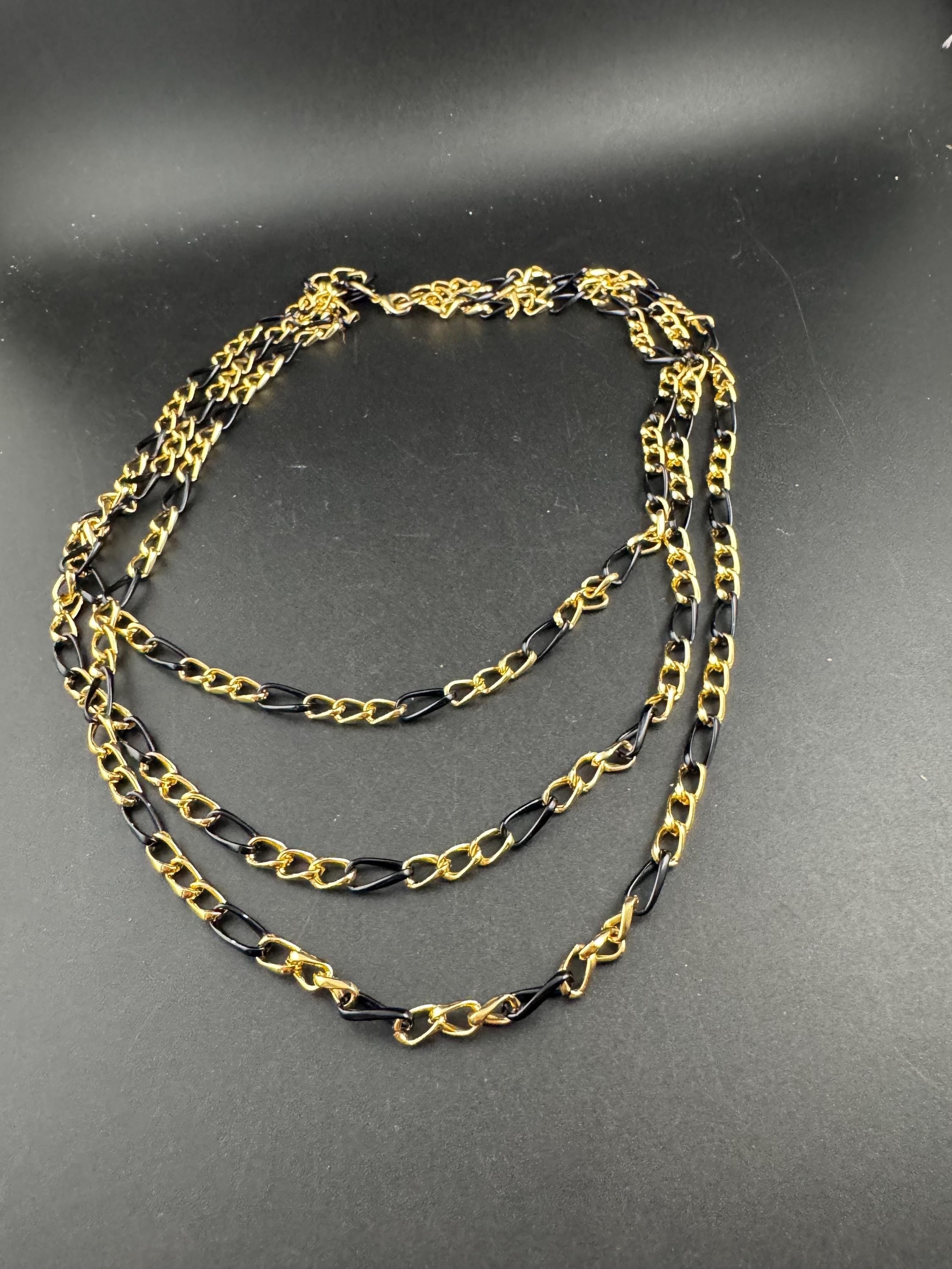 lightweight multi strand waterfall chain necklace, black and gold Vintage 1960s 1970s