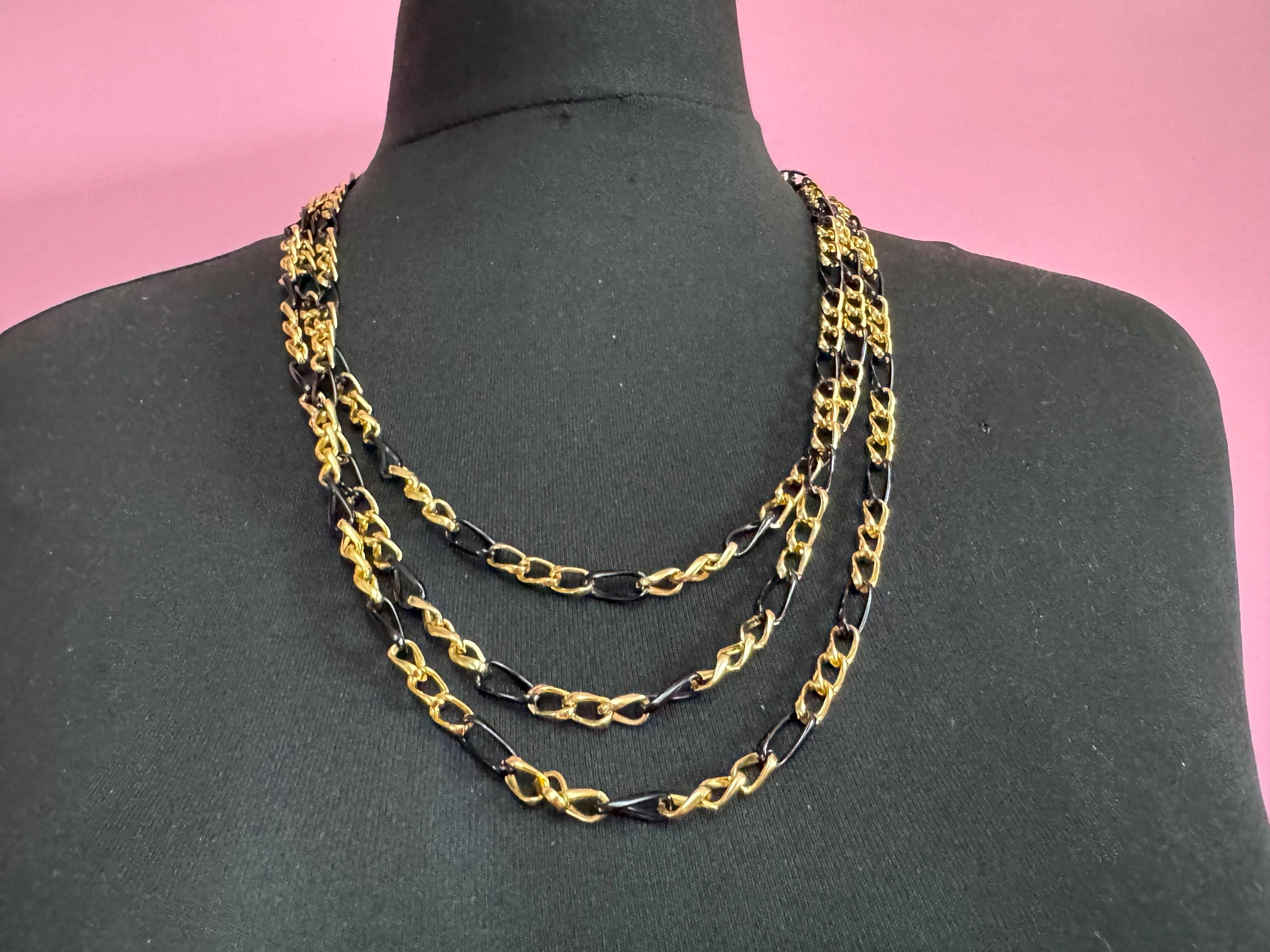lightweight multi strand waterfall chain necklace, black and gold Vintage 1960s 1970s