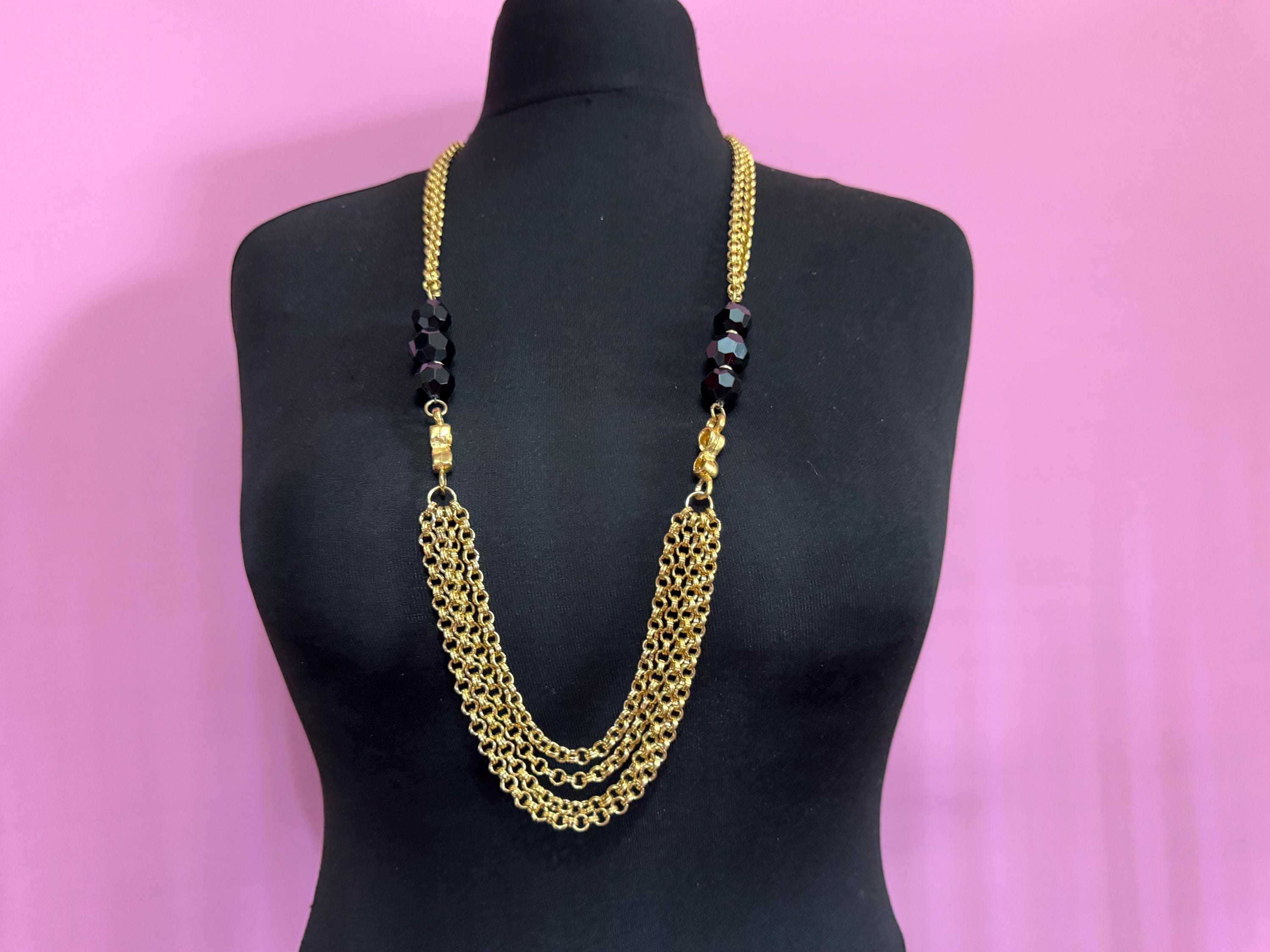 Vintage black beaded gold Multistrand chain necklace 90cm, acrylic weighty piece