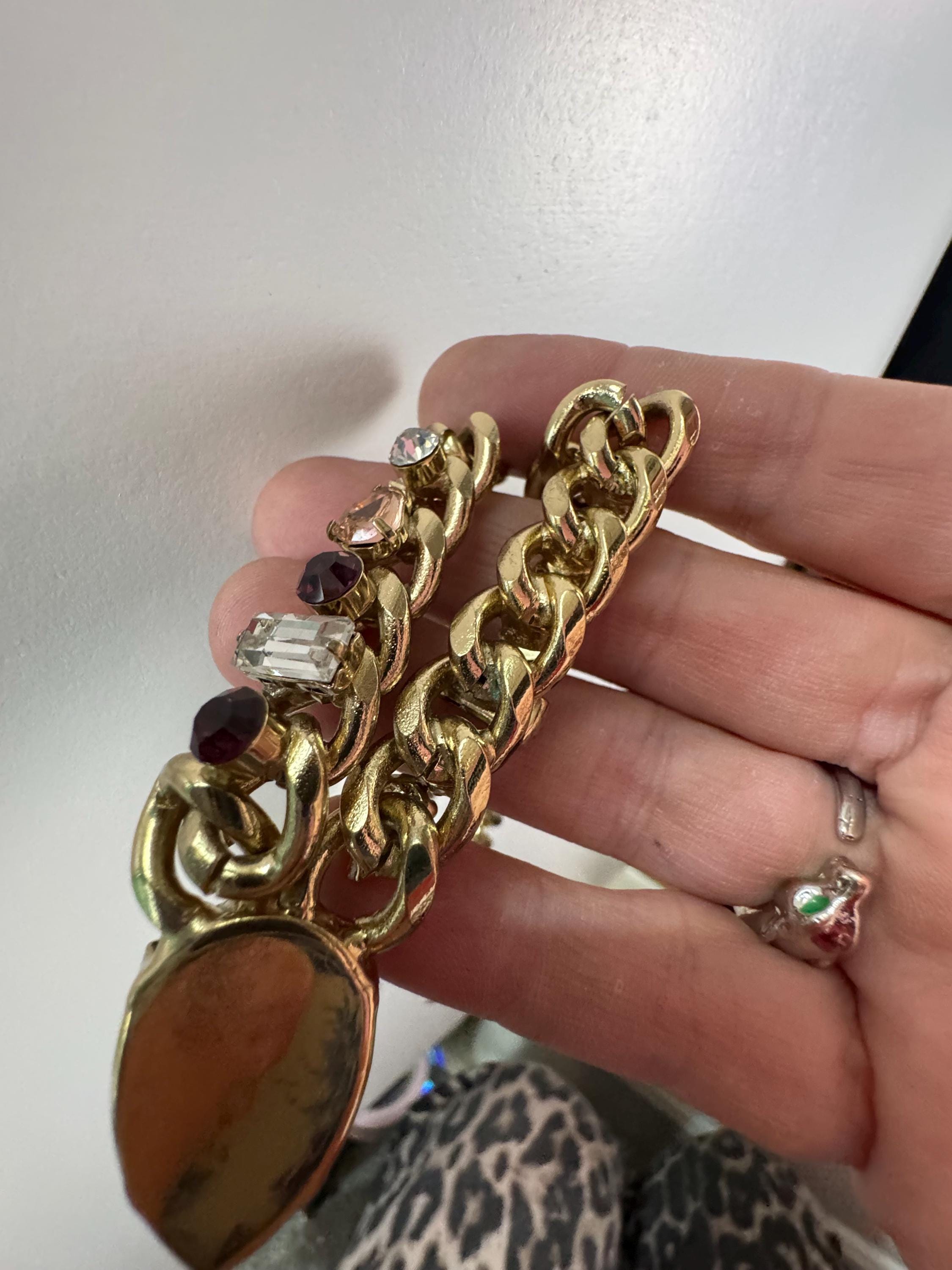 High end gold plated amethyst crystal drop necklace, chunky curb link signed