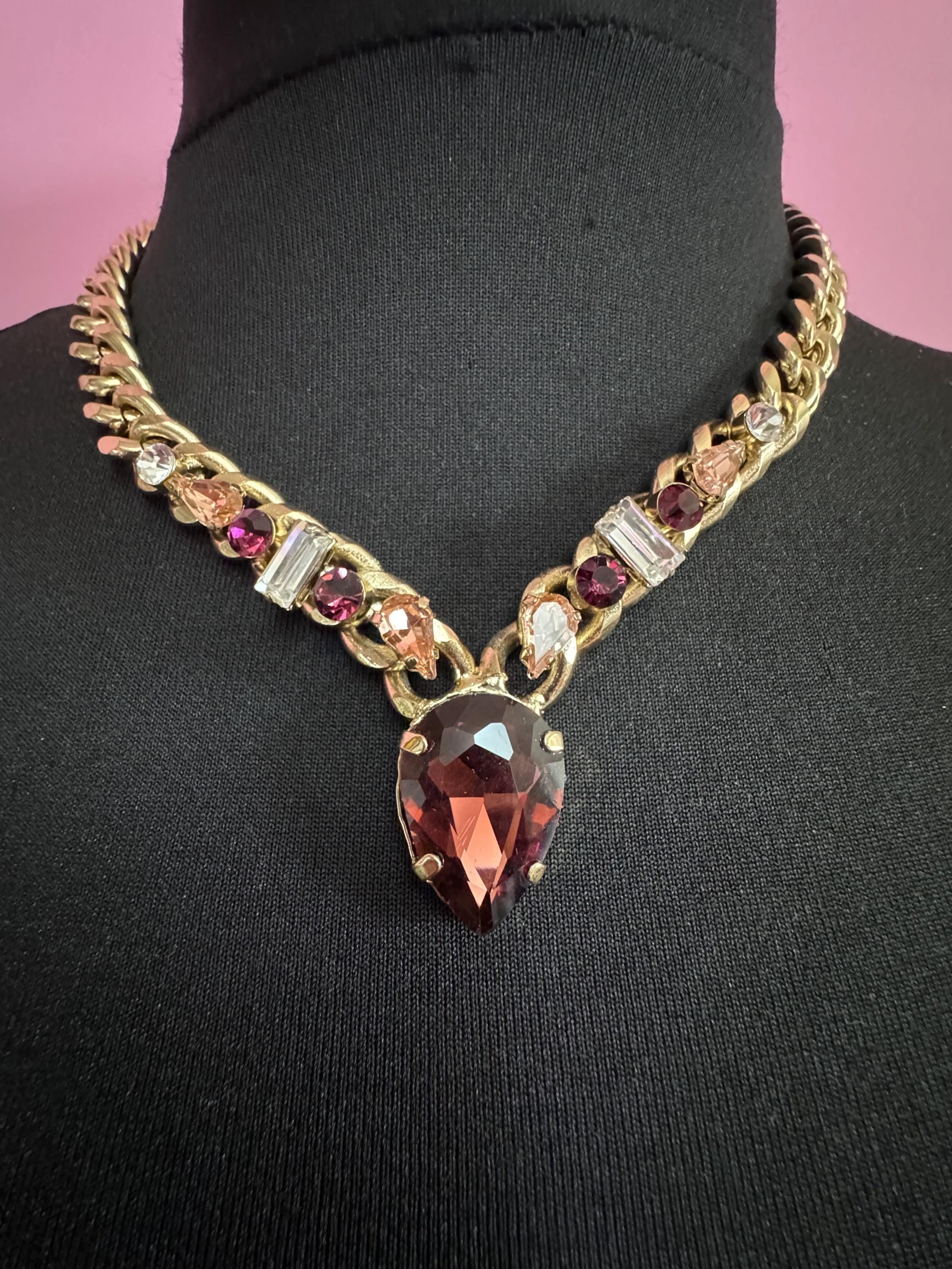 High end gold plated amethyst crystal drop necklace, chunky curb link signed