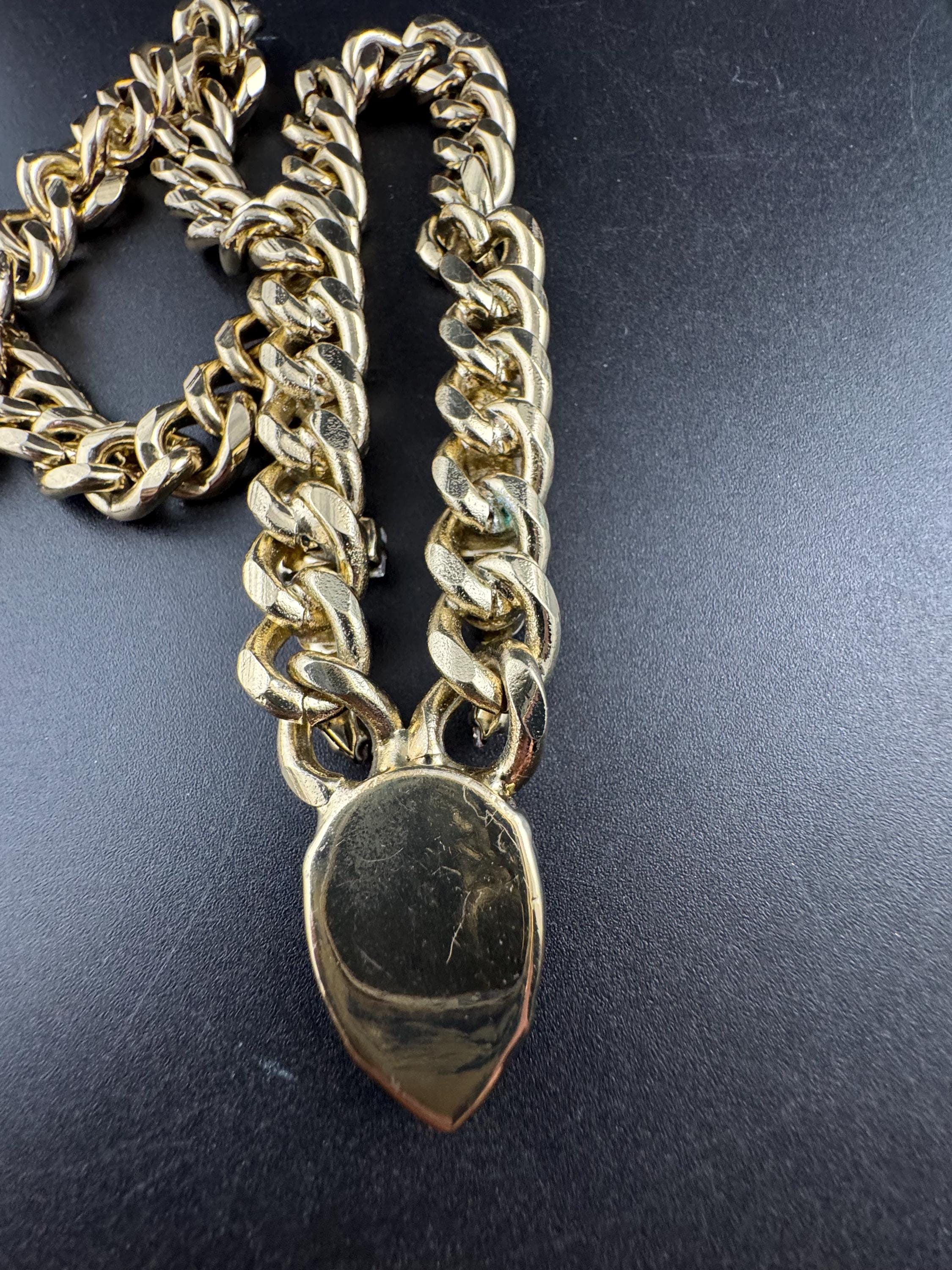 High end gold plated amethyst crystal drop necklace, chunky curb link signed