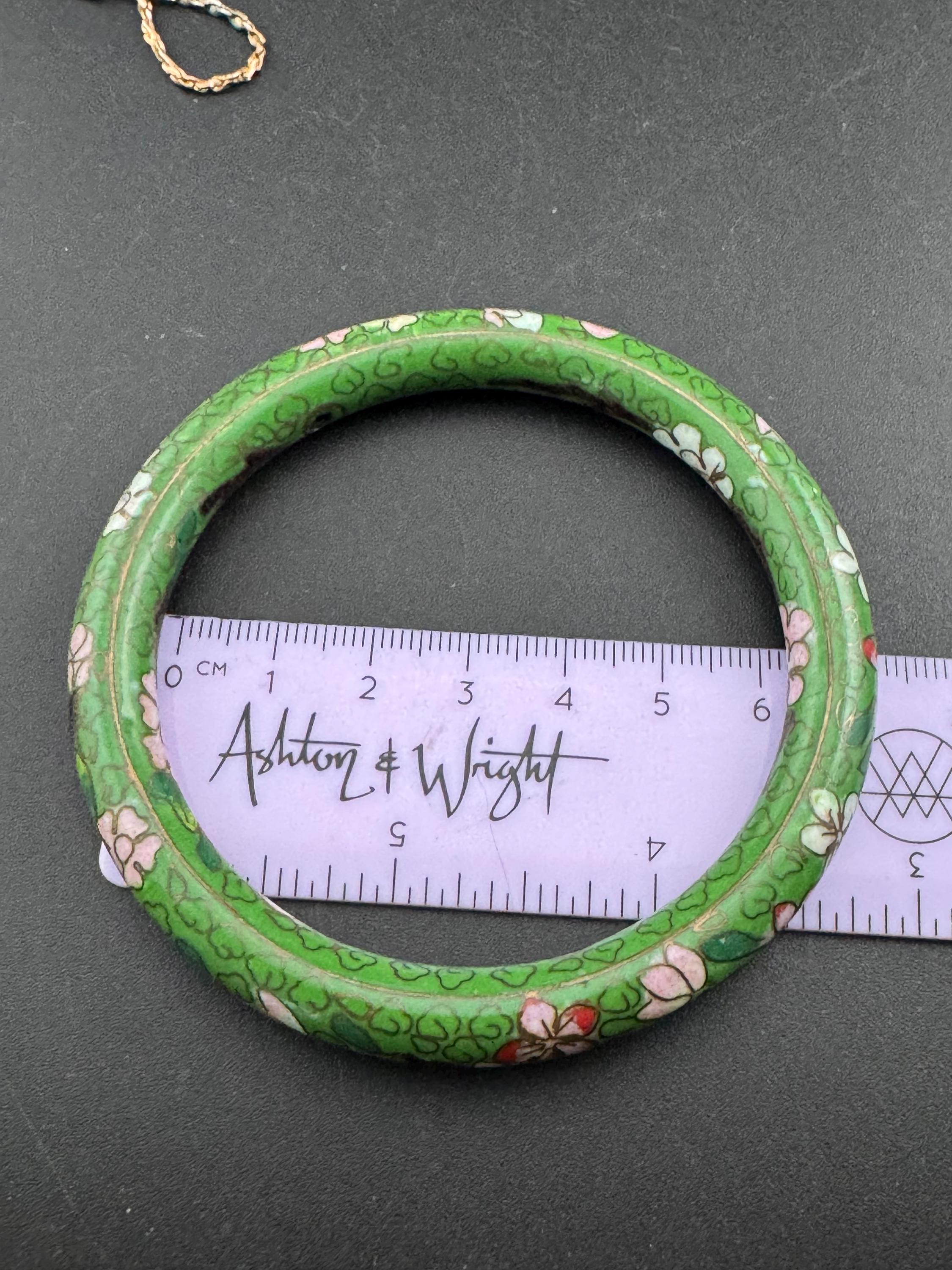 Vintage Green Cloisonné Enamel Bangle, pink flowers