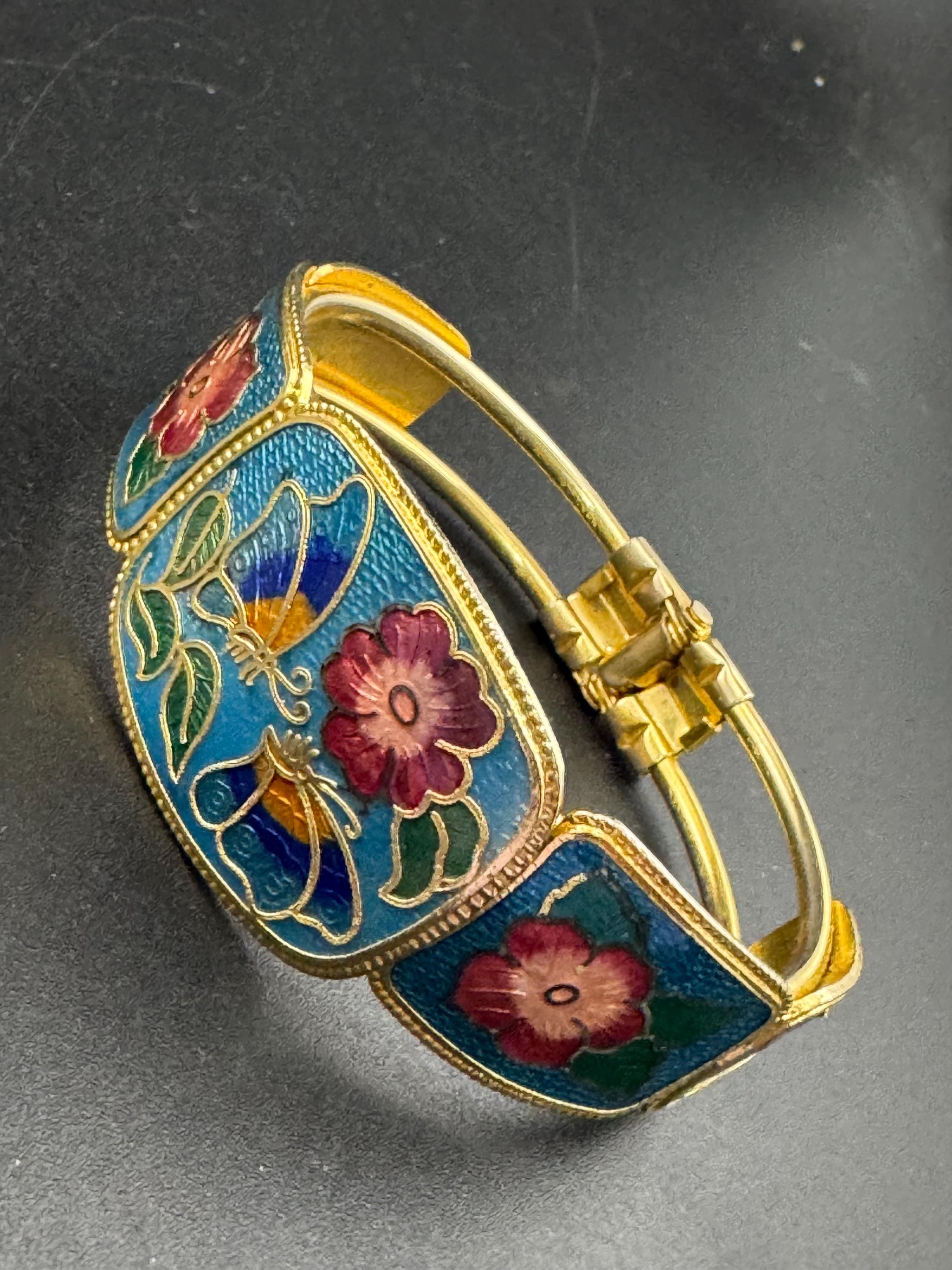 Vintage turquoise blue enamel cloisonne clamper bangle:  floral butterfly design 1980s 1990s