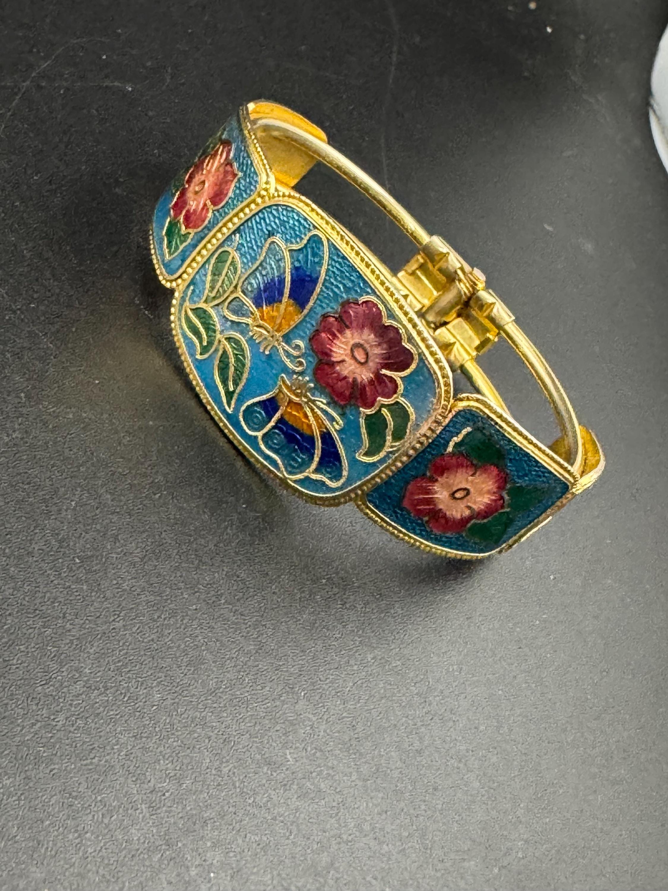 Vintage turquoise blue enamel cloisonne clamper bangle:  floral butterfly design 1980s 1990s
