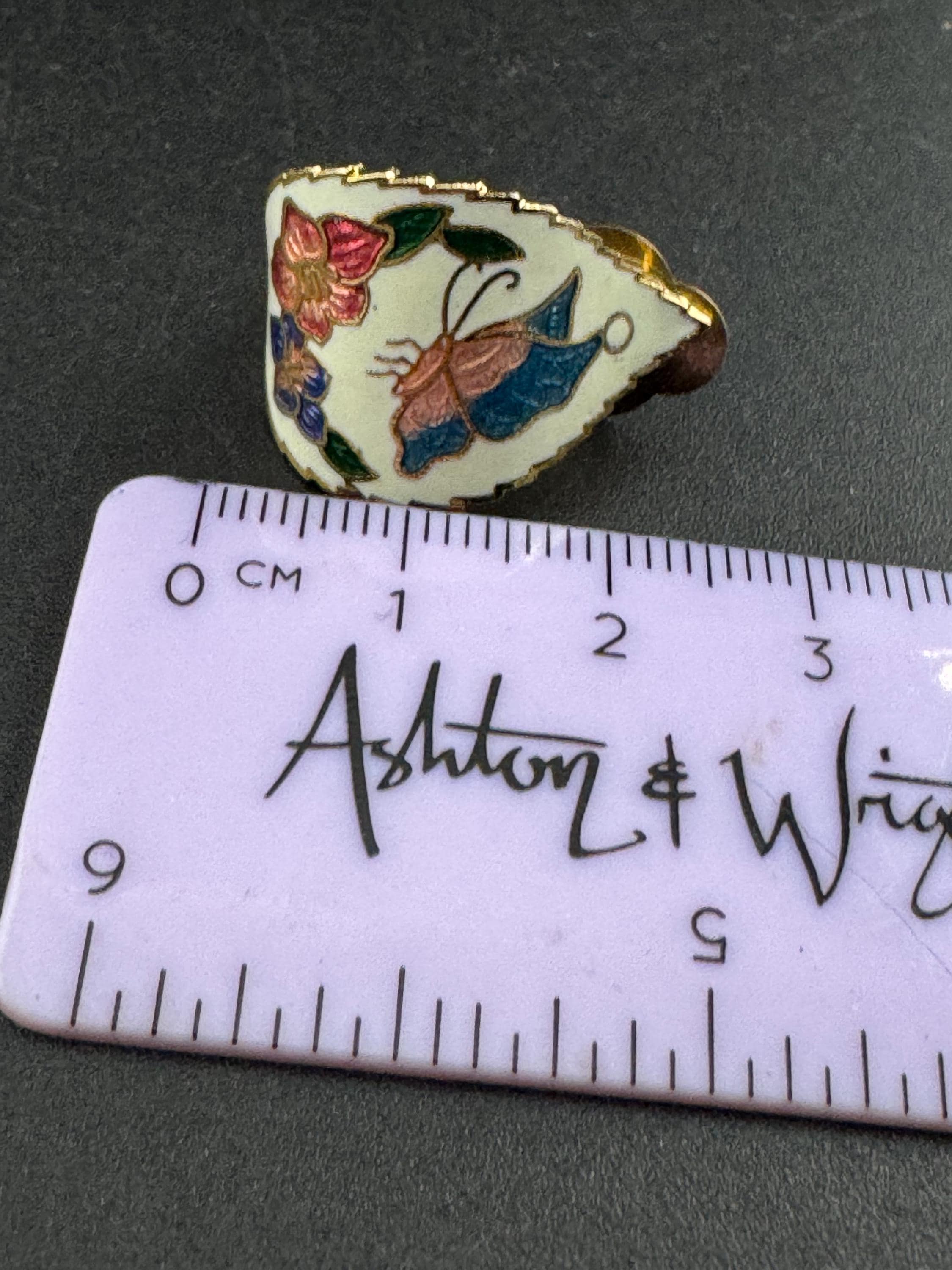 Vintage Cloisonné Enamel Clip On butterfly Earrings: Geometric Half Hoop, white Gold Tone