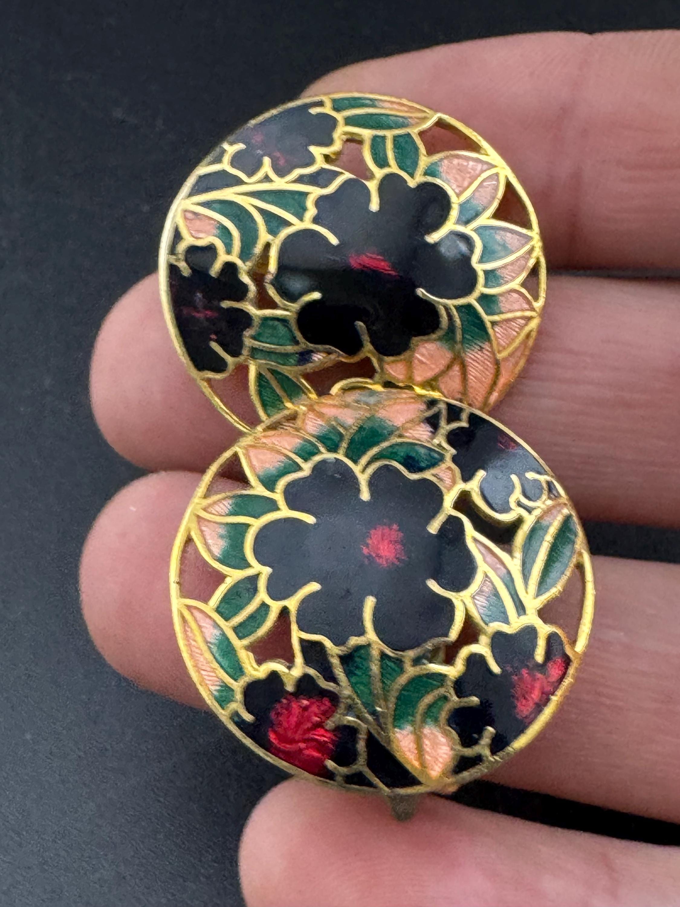 Vintage blue enamel clip on cloisonné  enamel earrings, floral design gold tone