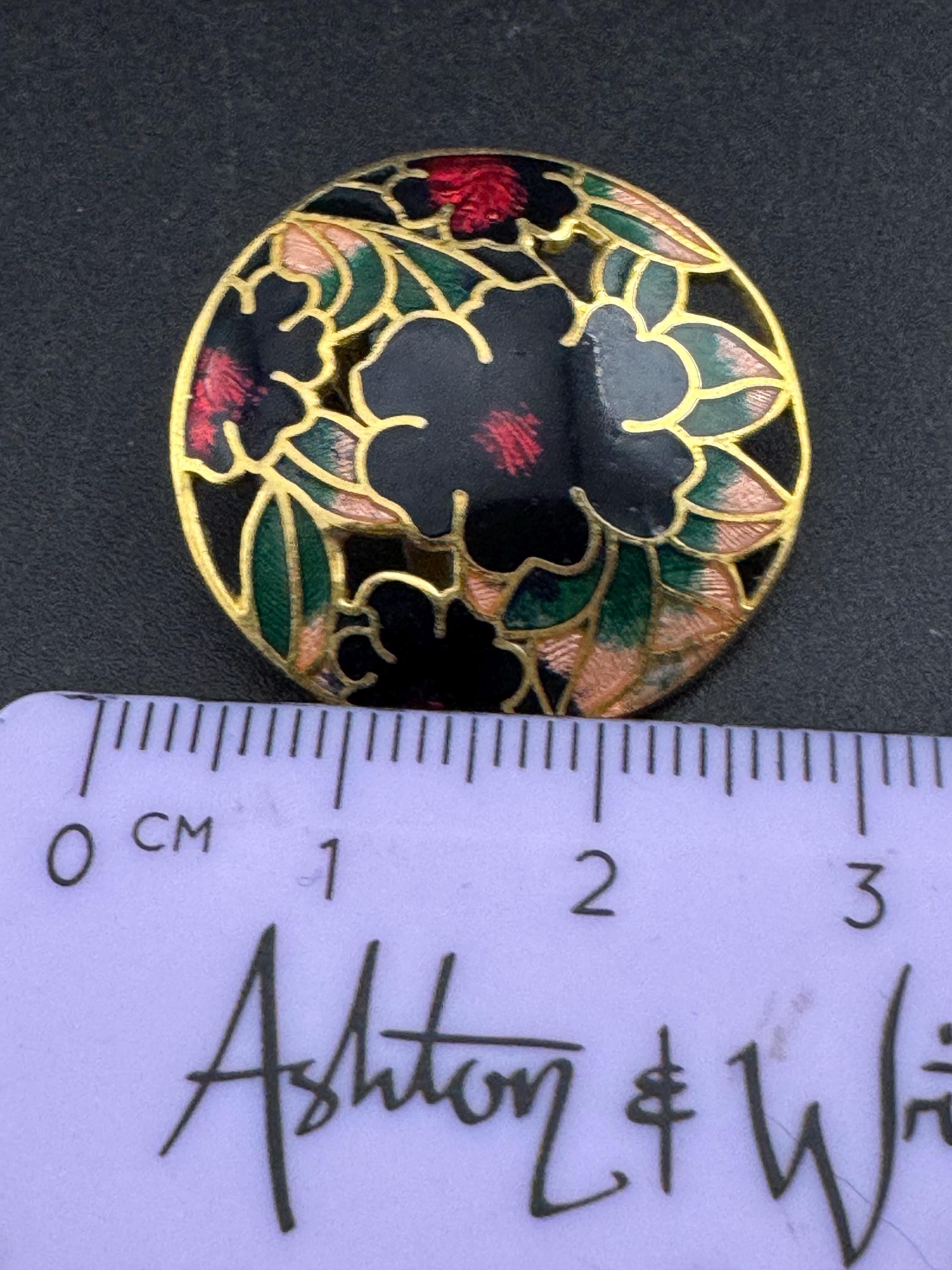 Vintage blue enamel clip on cloisonné  enamel earrings, floral design gold tone