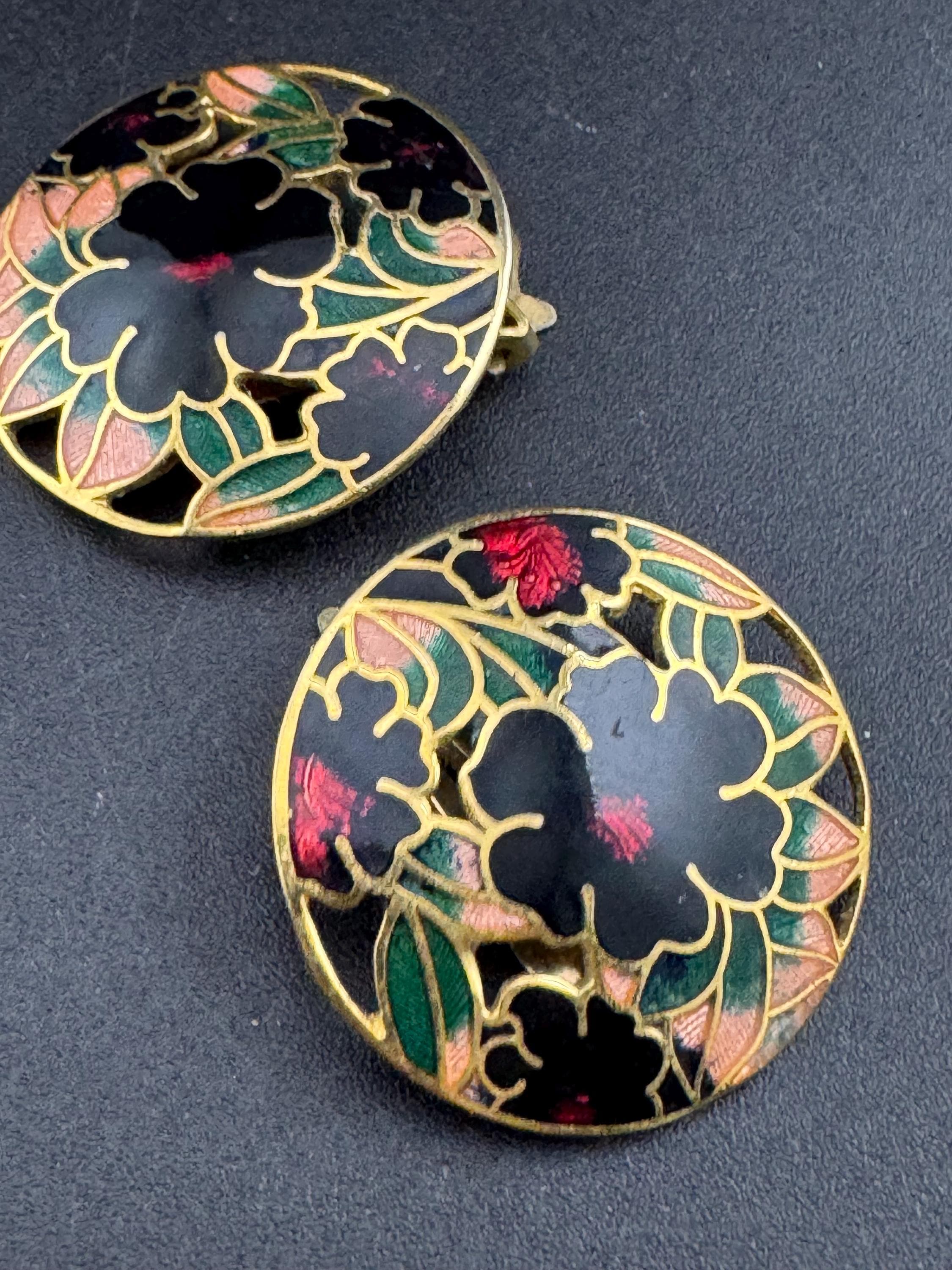 Vintage blue enamel clip on cloisonné  enamel earrings, floral design gold tone