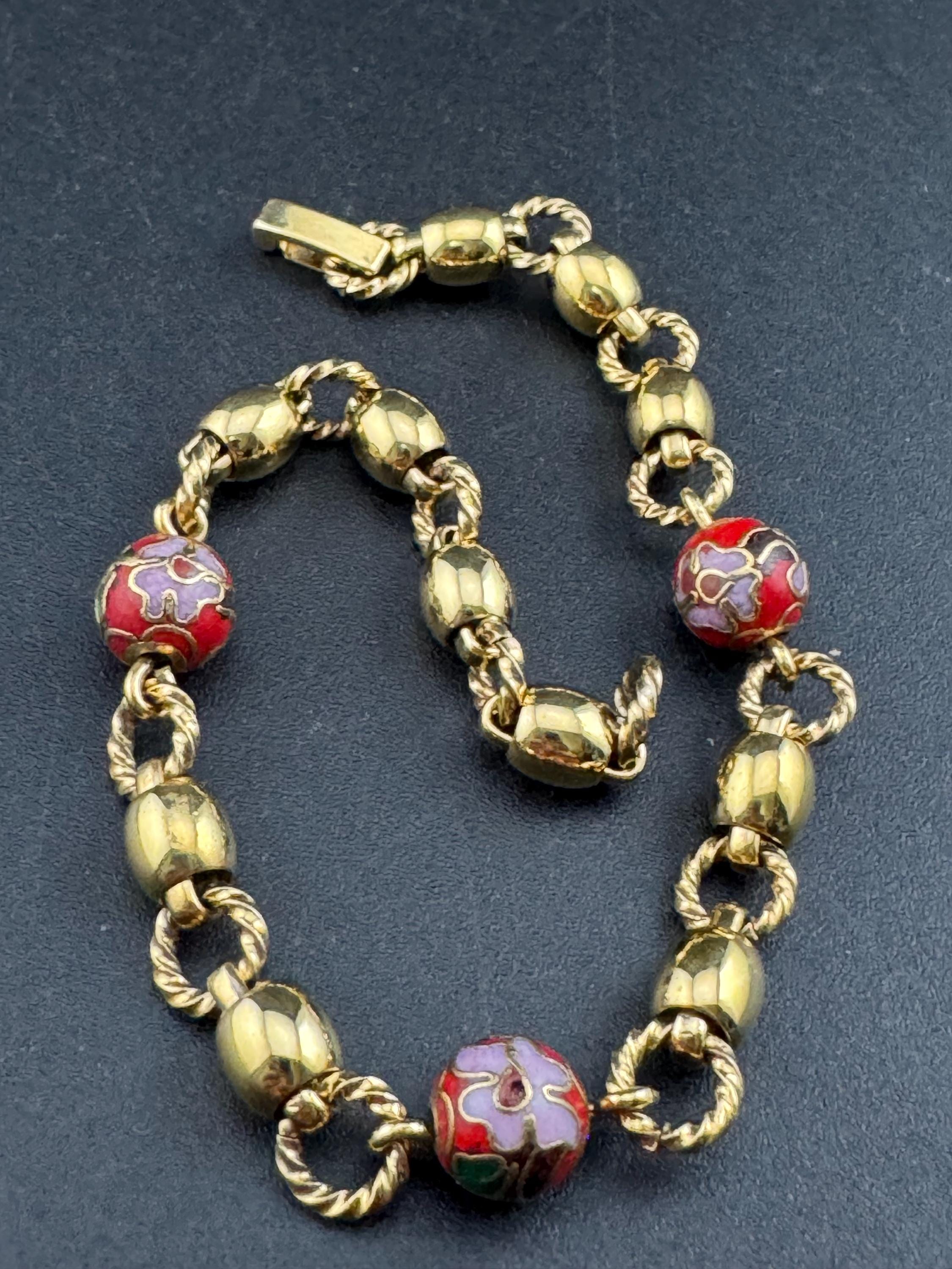Red and gold cloisonné enamel beaded chain bracelet , vintage