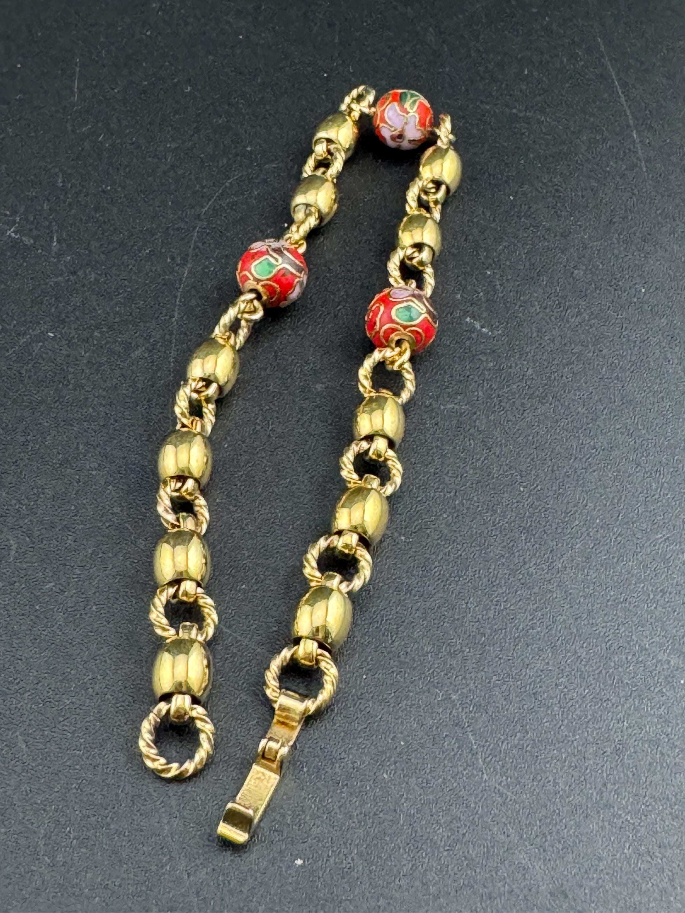 Red and gold cloisonné enamel beaded chain bracelet , vintage