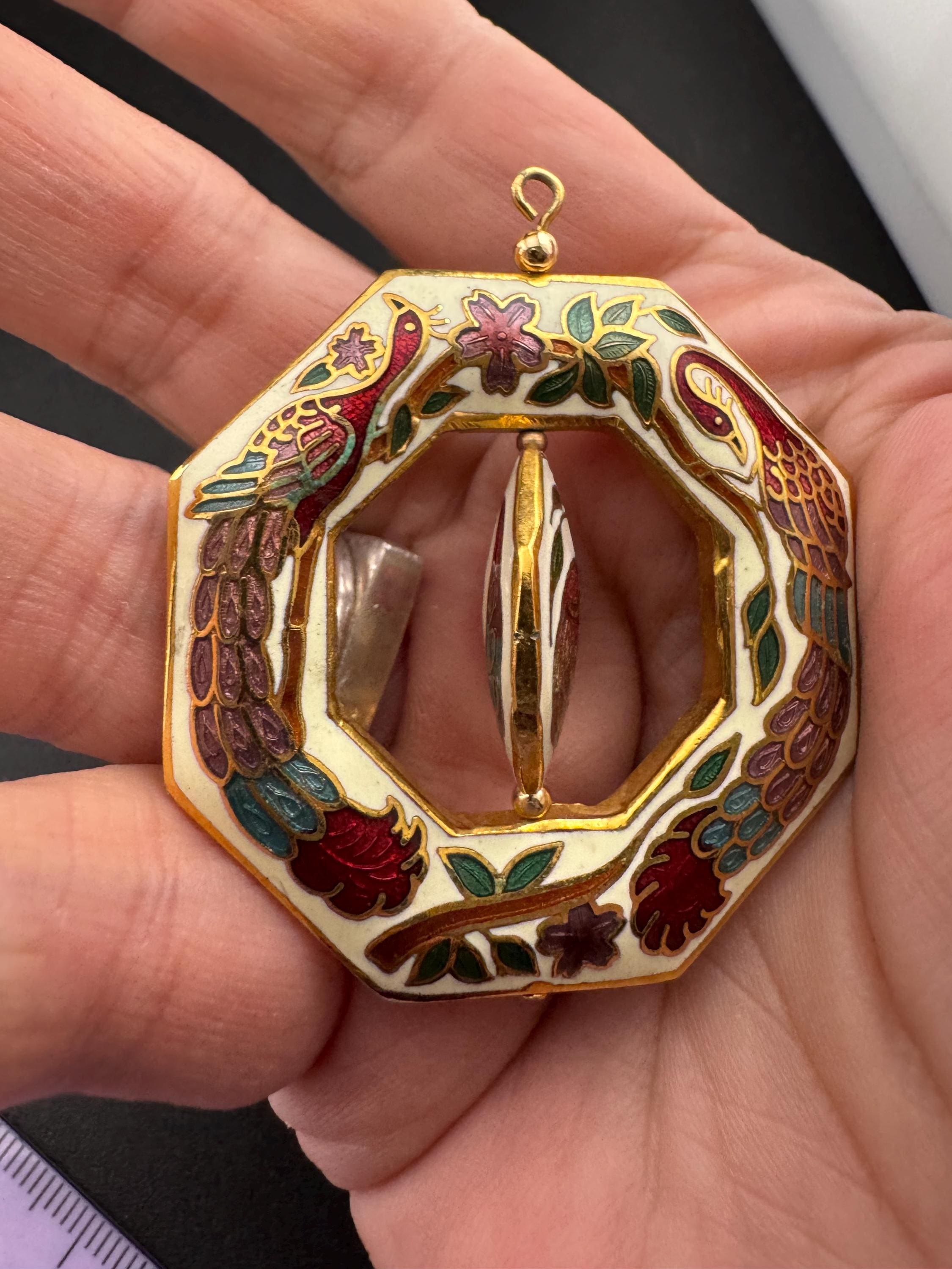 Chinese peacock cream cloisonné enamel spinner pendant , vintage