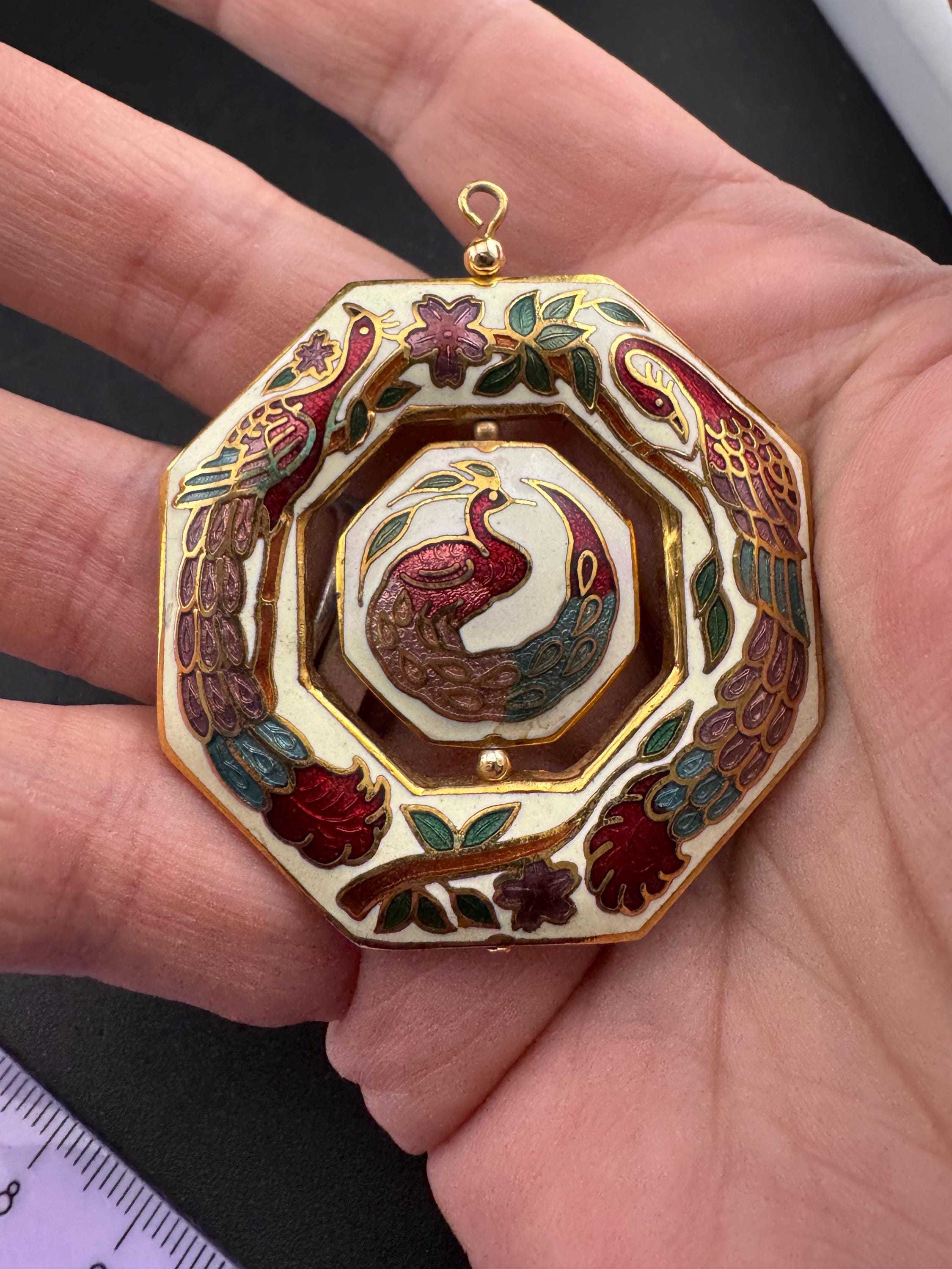 Chinese peacock cream cloisonné enamel spinner pendant , vintage