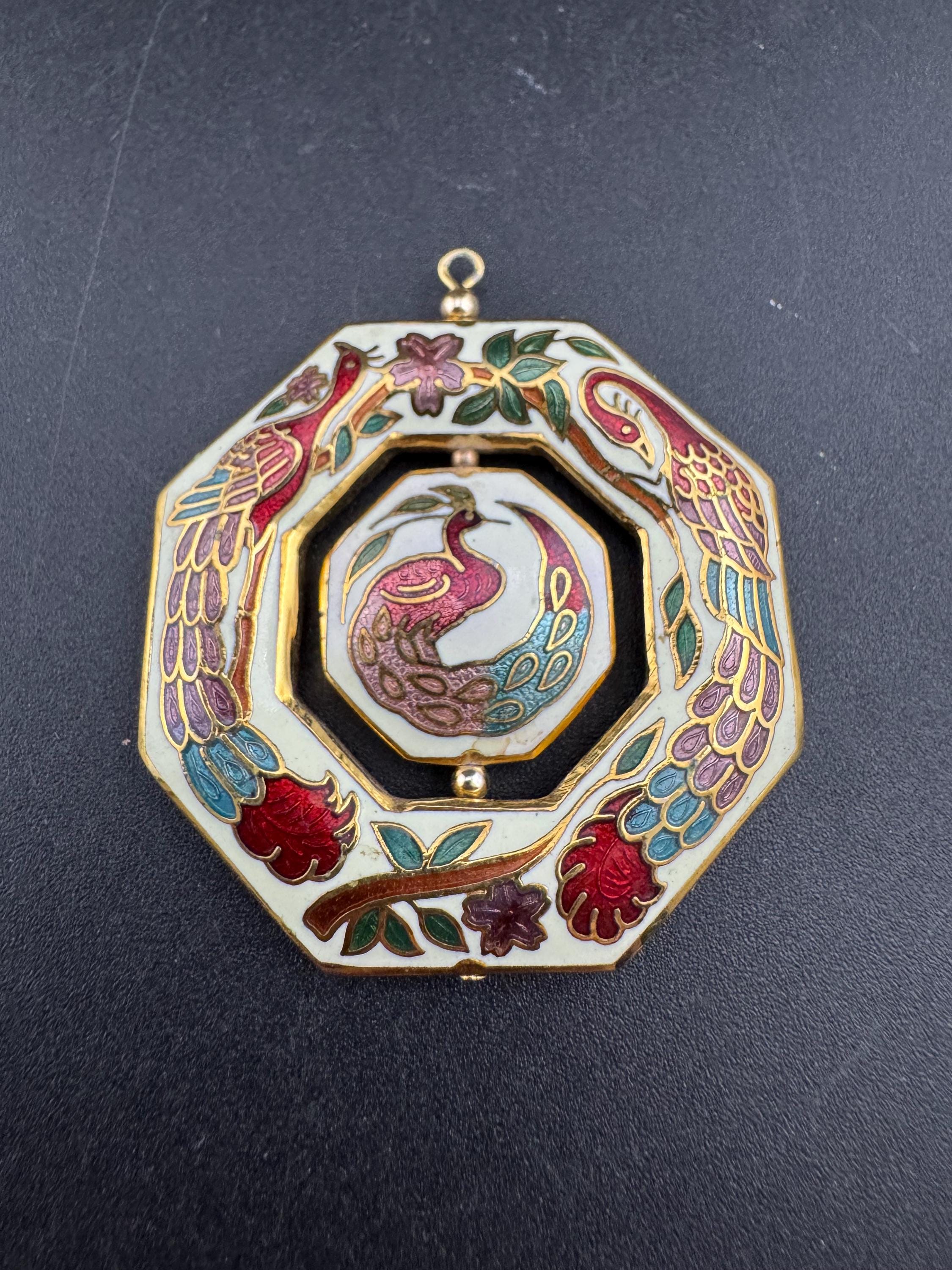 Chinese peacock cream cloisonné enamel spinner pendant , vintage