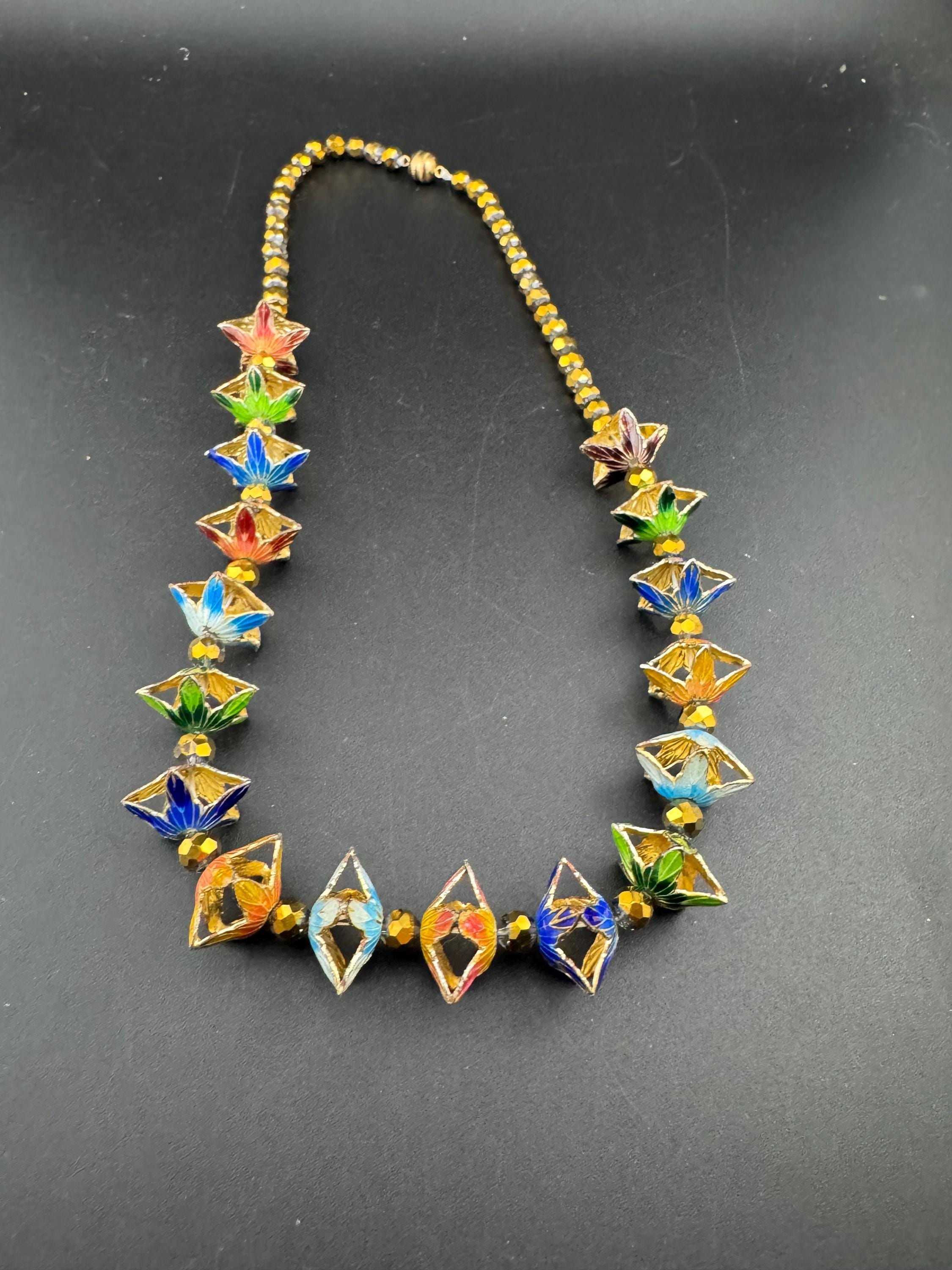 Vintage coloured Chinese cloisonné enamel floral beaded necklace, gold tone