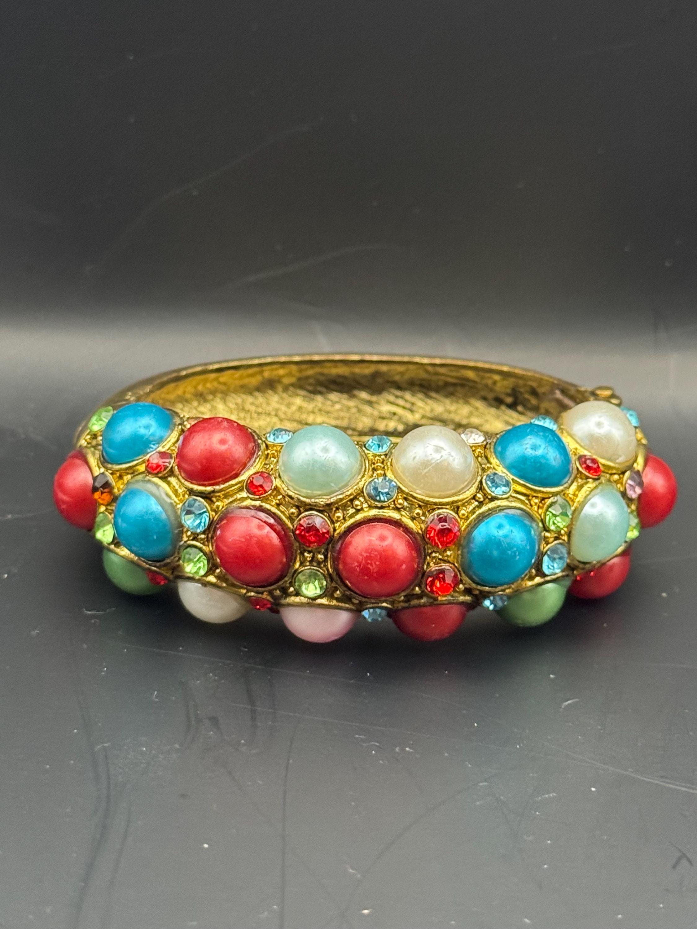 Retro pearl cabochon Clamper Bangle Bracelet. Green, Blue, Red & rhinestones