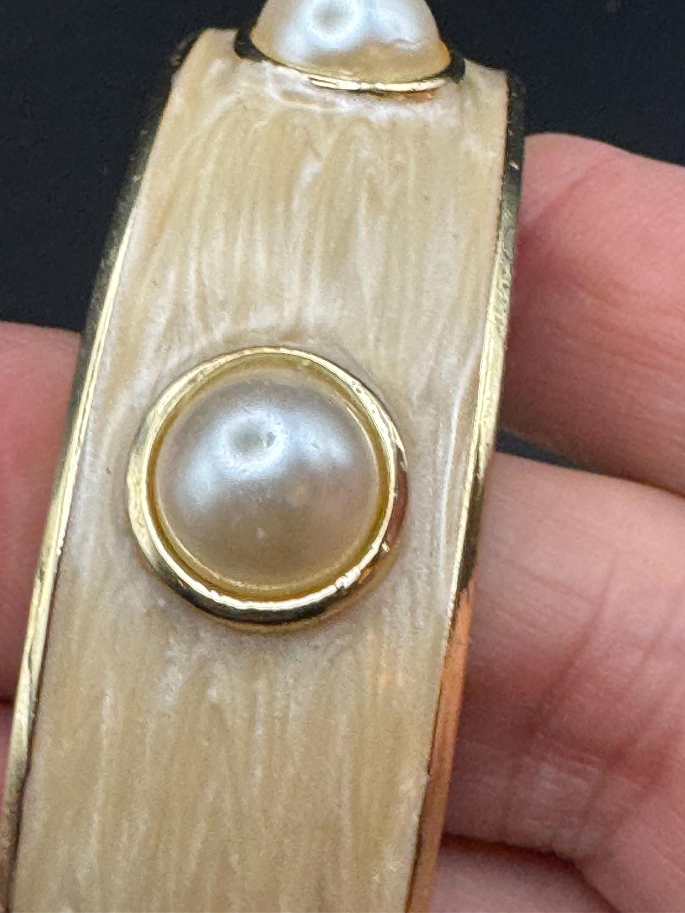 Retro pearl cabochon cream enamel Clamper Bangle Bracelet.