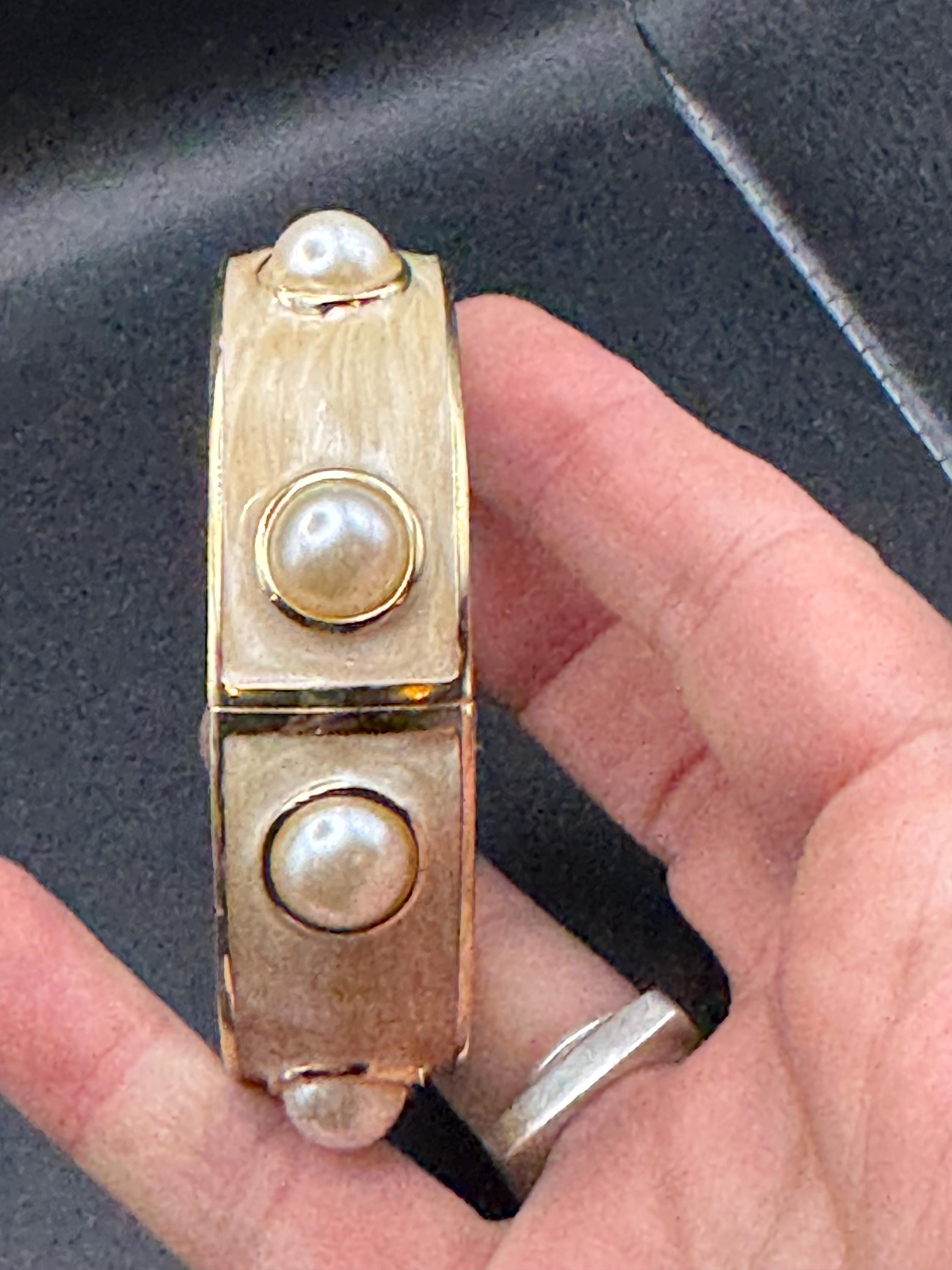 Retro pearl cabochon cream enamel Clamper Bangle Bracelet.