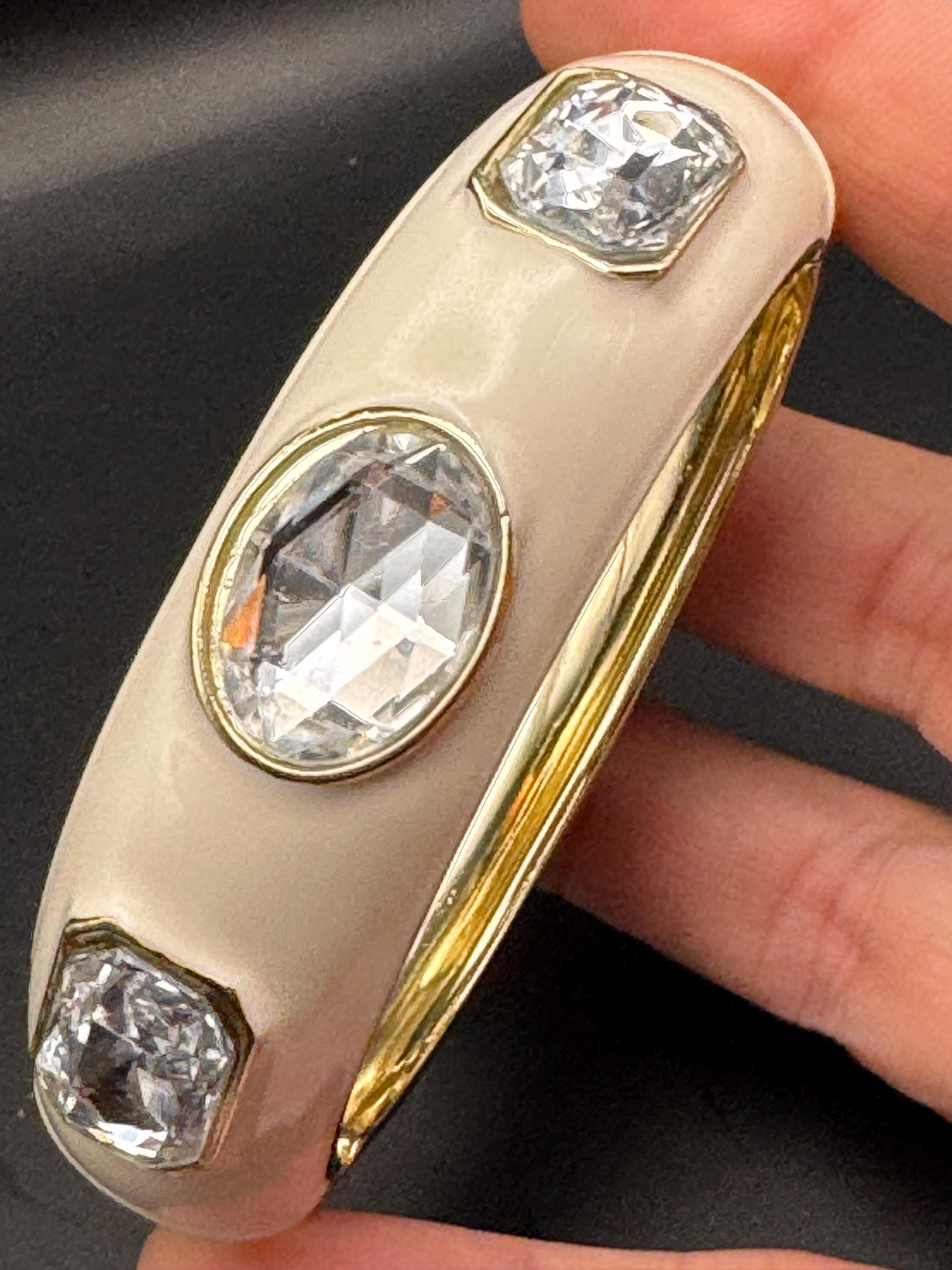 Retro clear crystal cabochon cream enamel Clamper Bangle, diamanté  Bracelet.