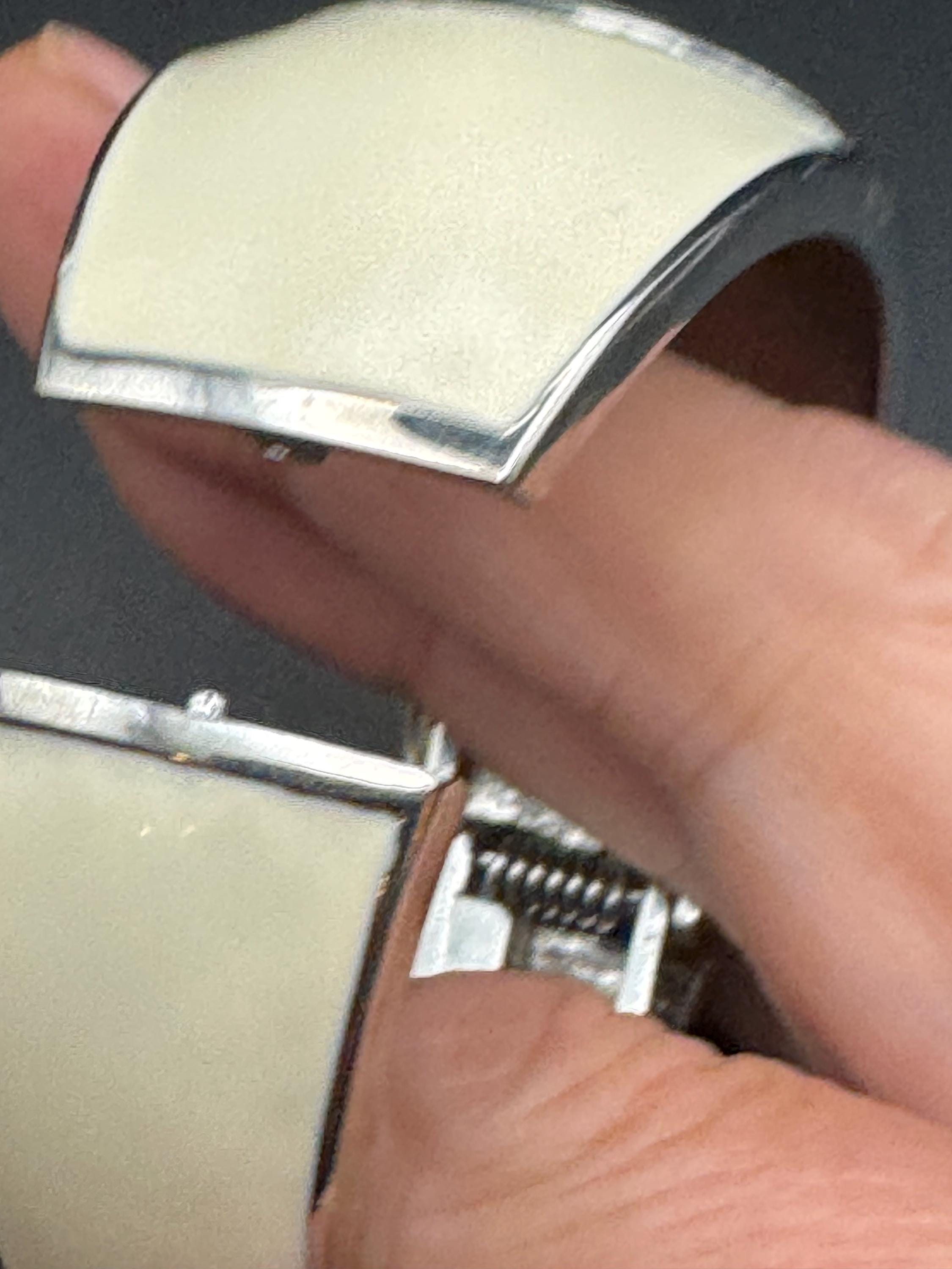 Retro clear crystal cabochon cream enamel Clamper Bangle, silver diamanté  Bracelet.