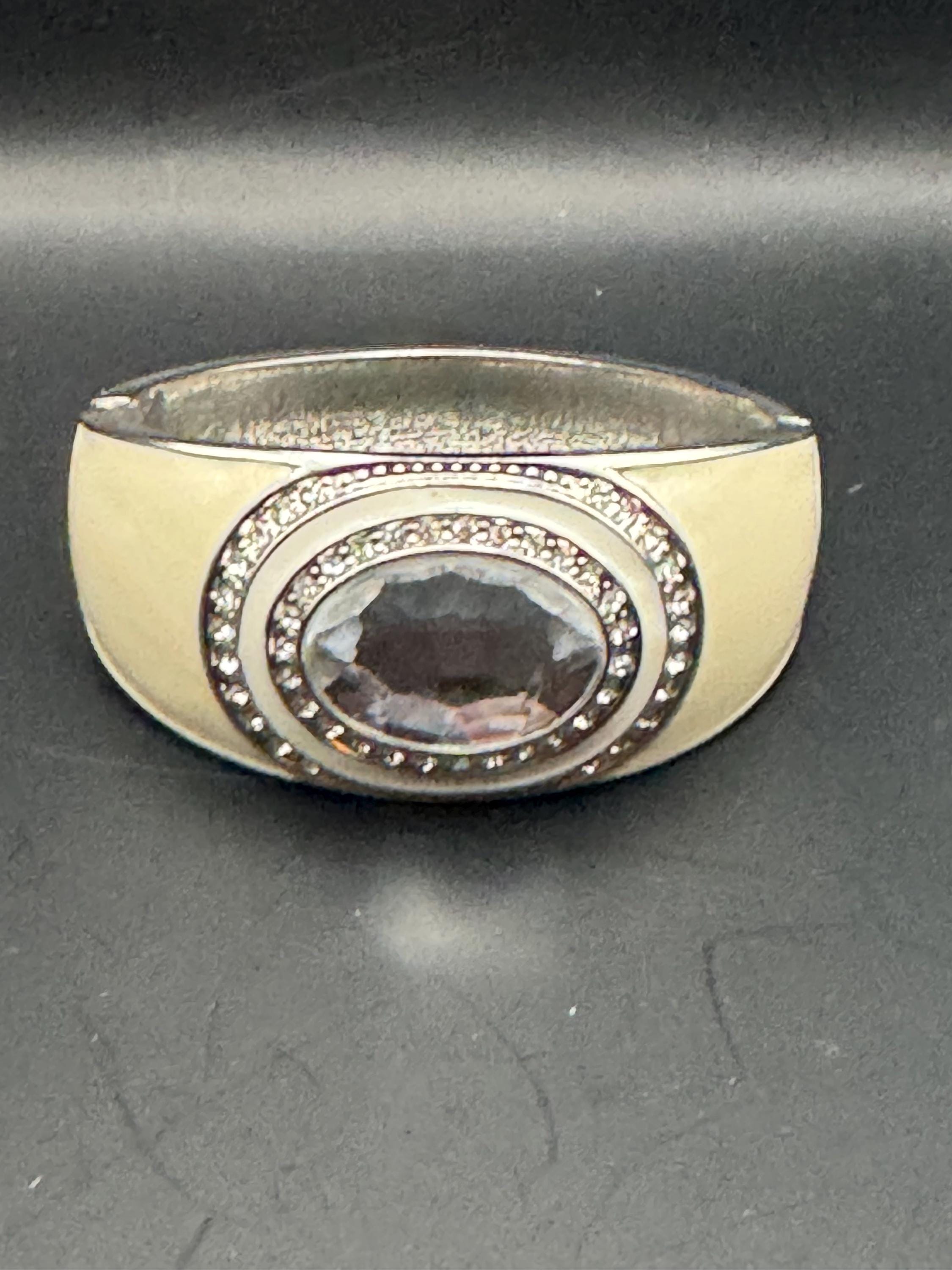 Retro clear crystal cabochon cream enamel Clamper Bangle, silver diamanté  Bracelet.