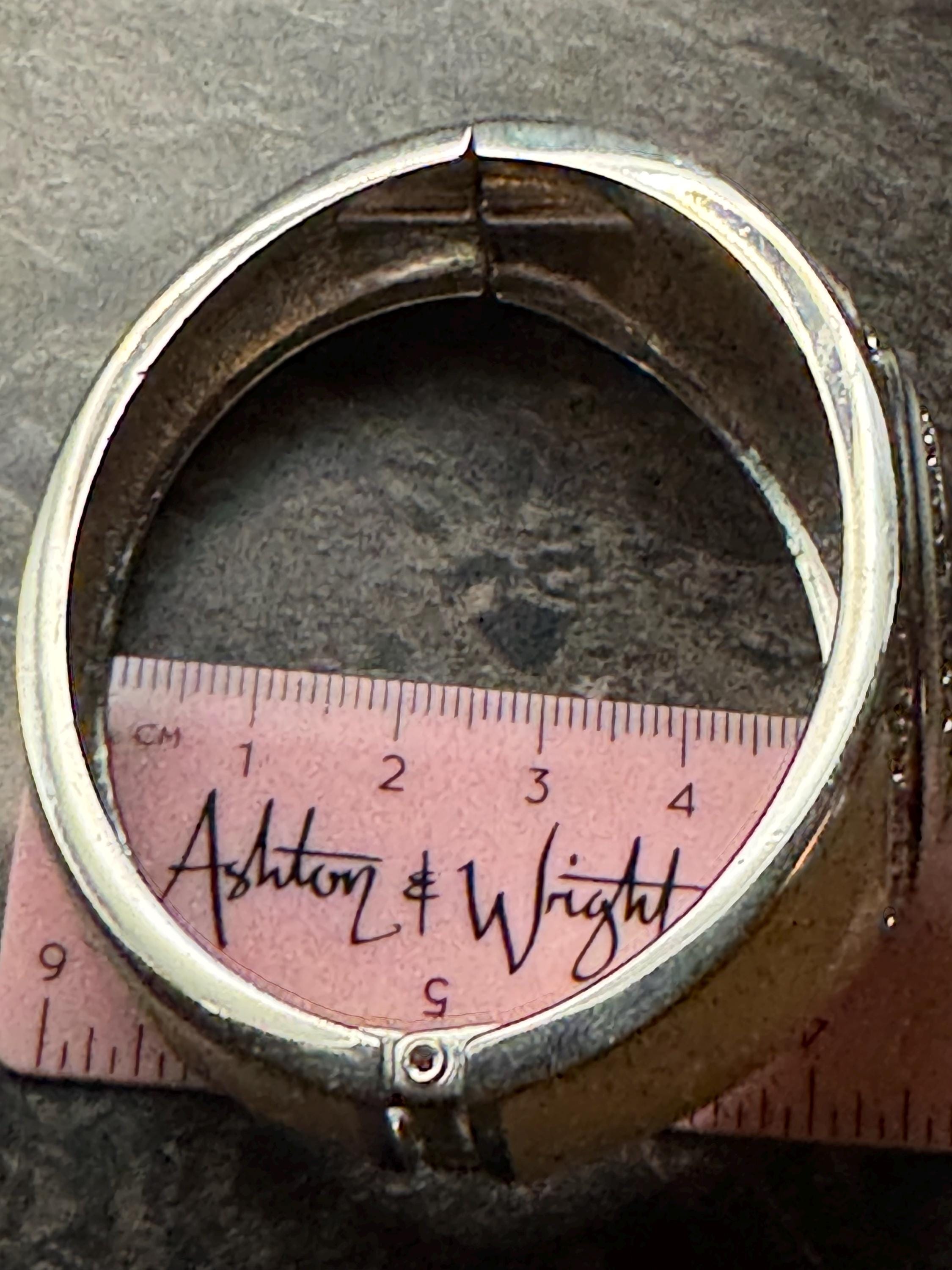 Retro clear crystal cabochon cream enamel Clamper Bangle, silver diamanté  Bracelet.