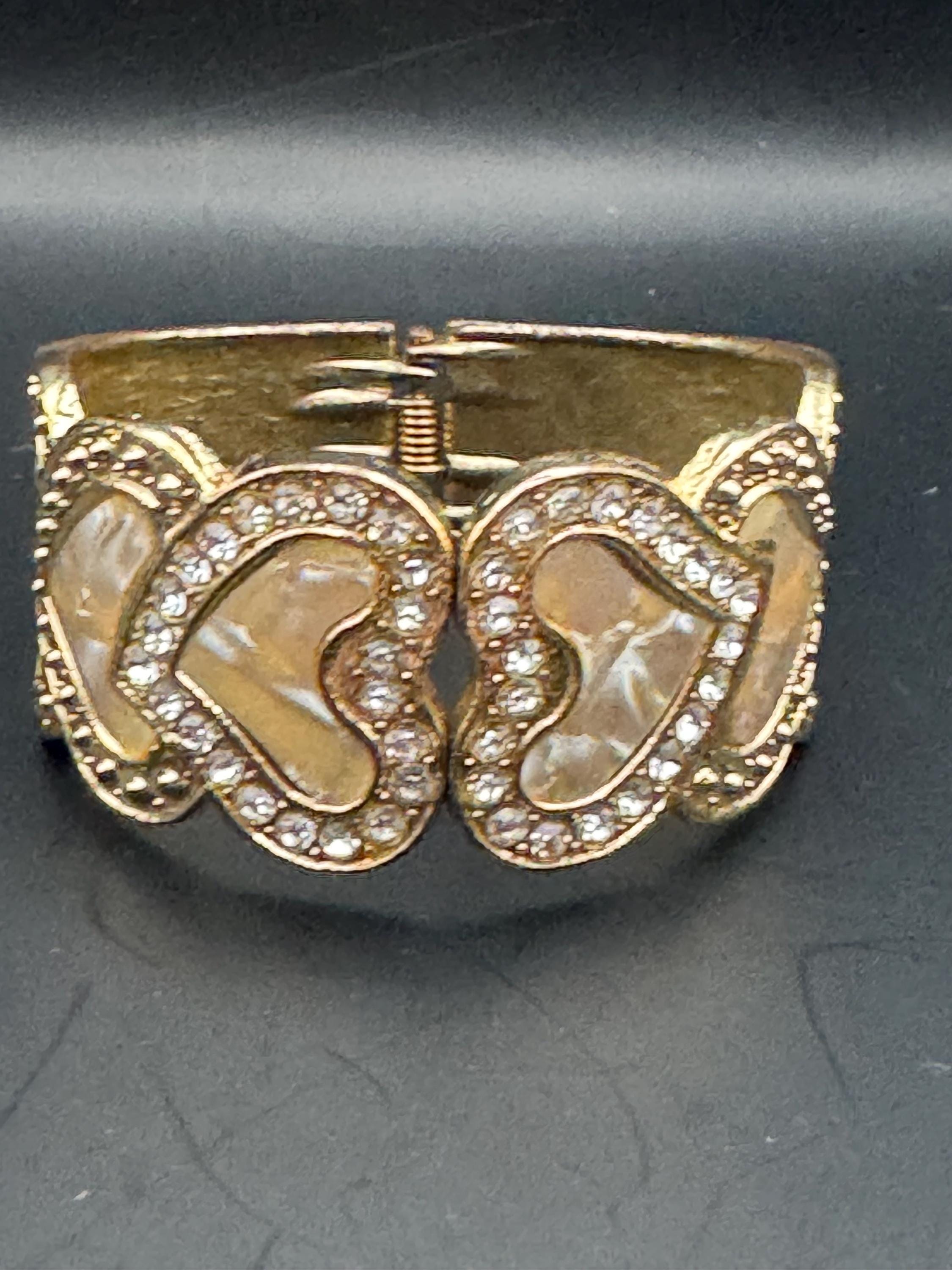 Retro cream enamel rhinestone heart Clamper Bangle Bracelet.