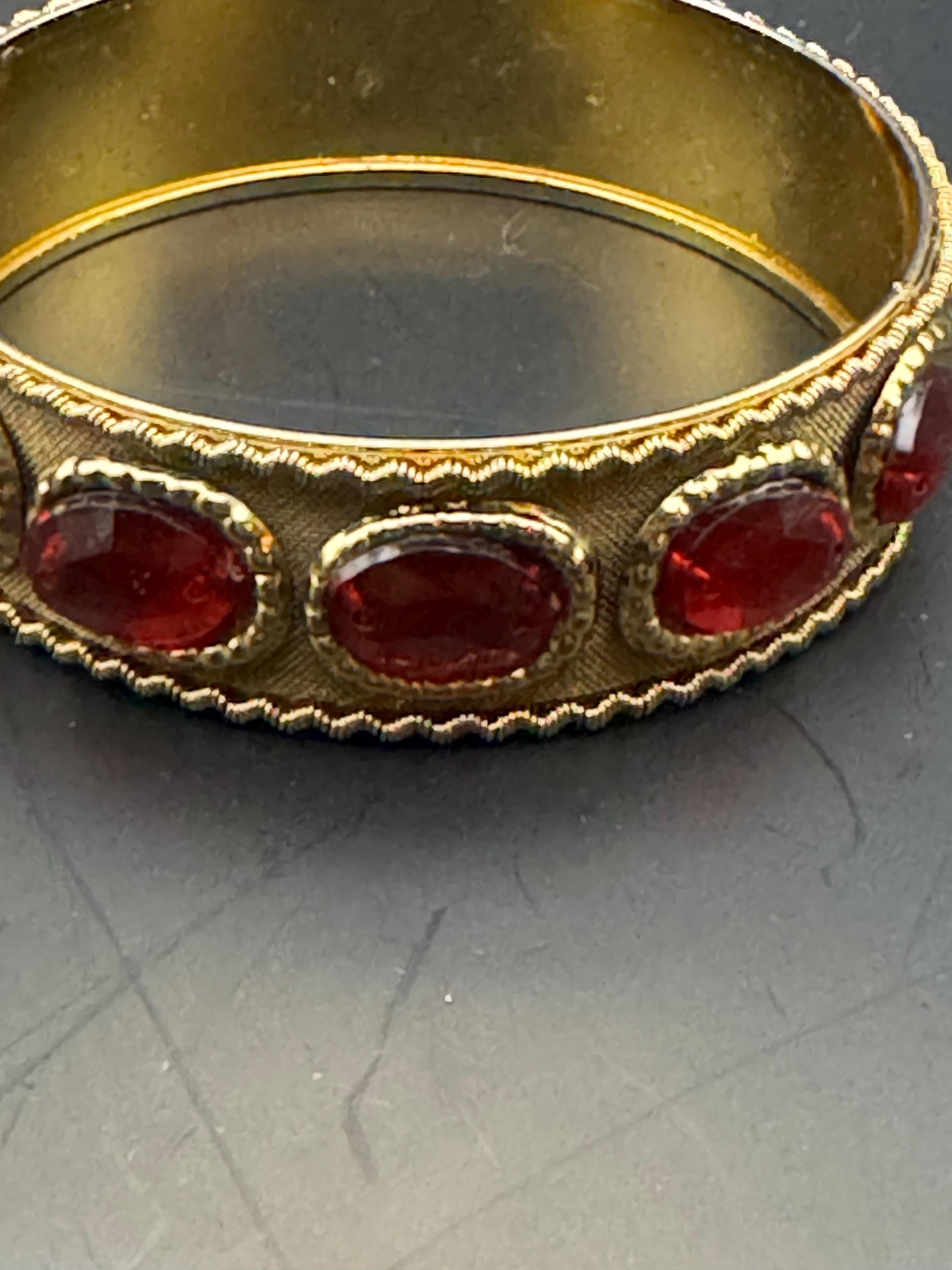Vintage gold metal ruby cabochon wide fixed Bangle. Etruscan medieval style