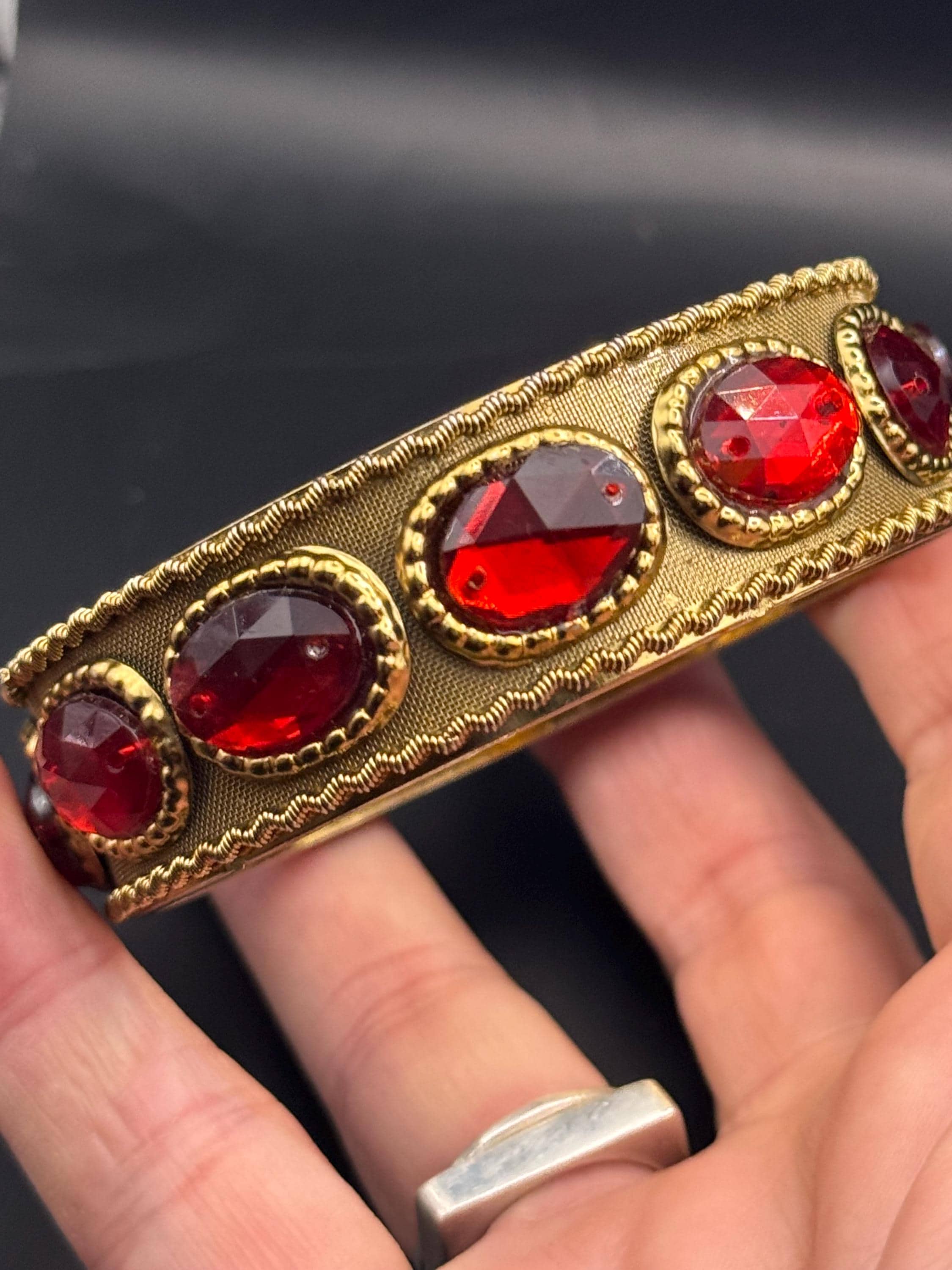 Vintage gold metal ruby cabochon wide fixed Bangle. Etruscan medieval style