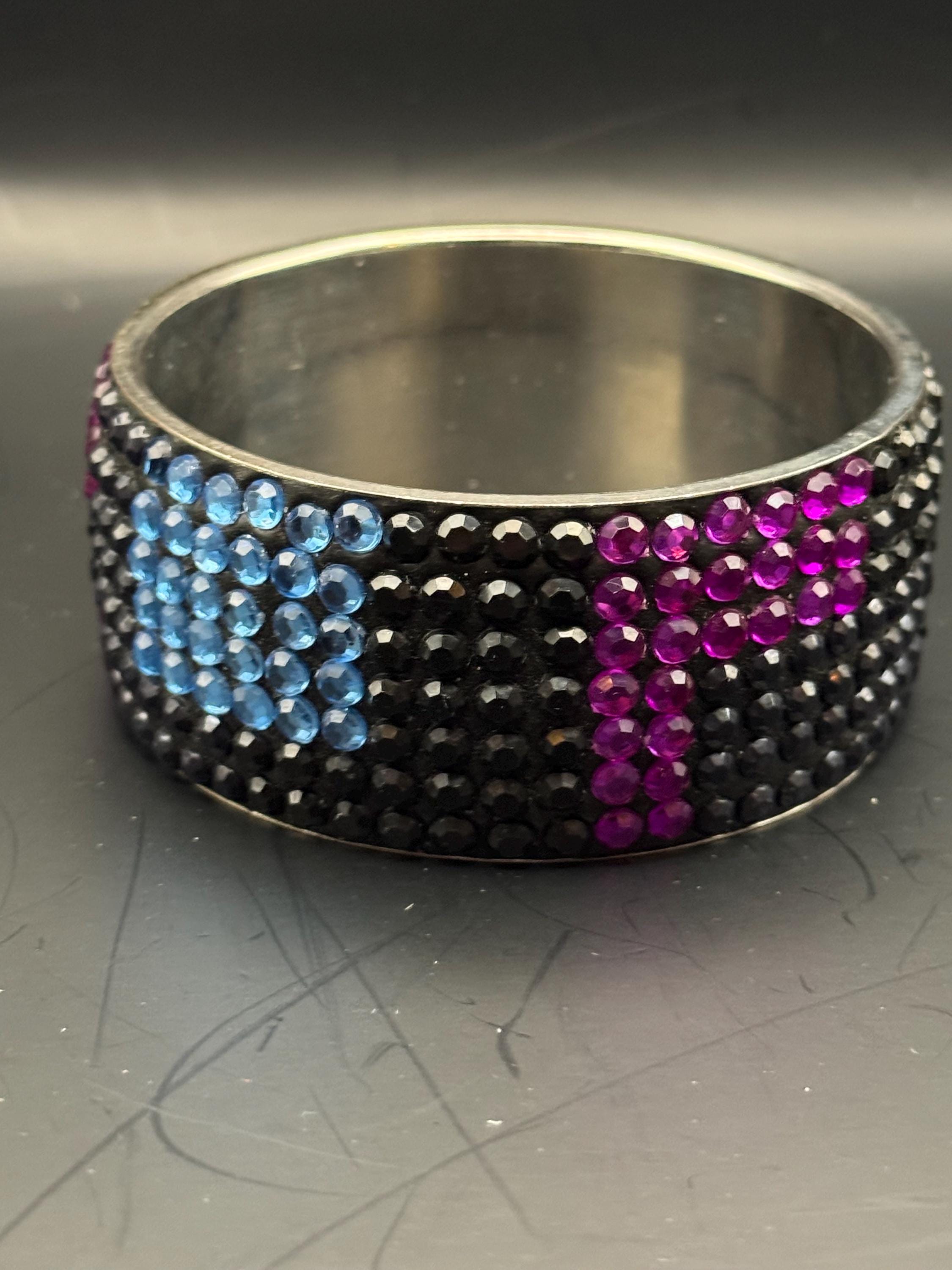Black purple blue wide rhinestone fixed bangle bracelet