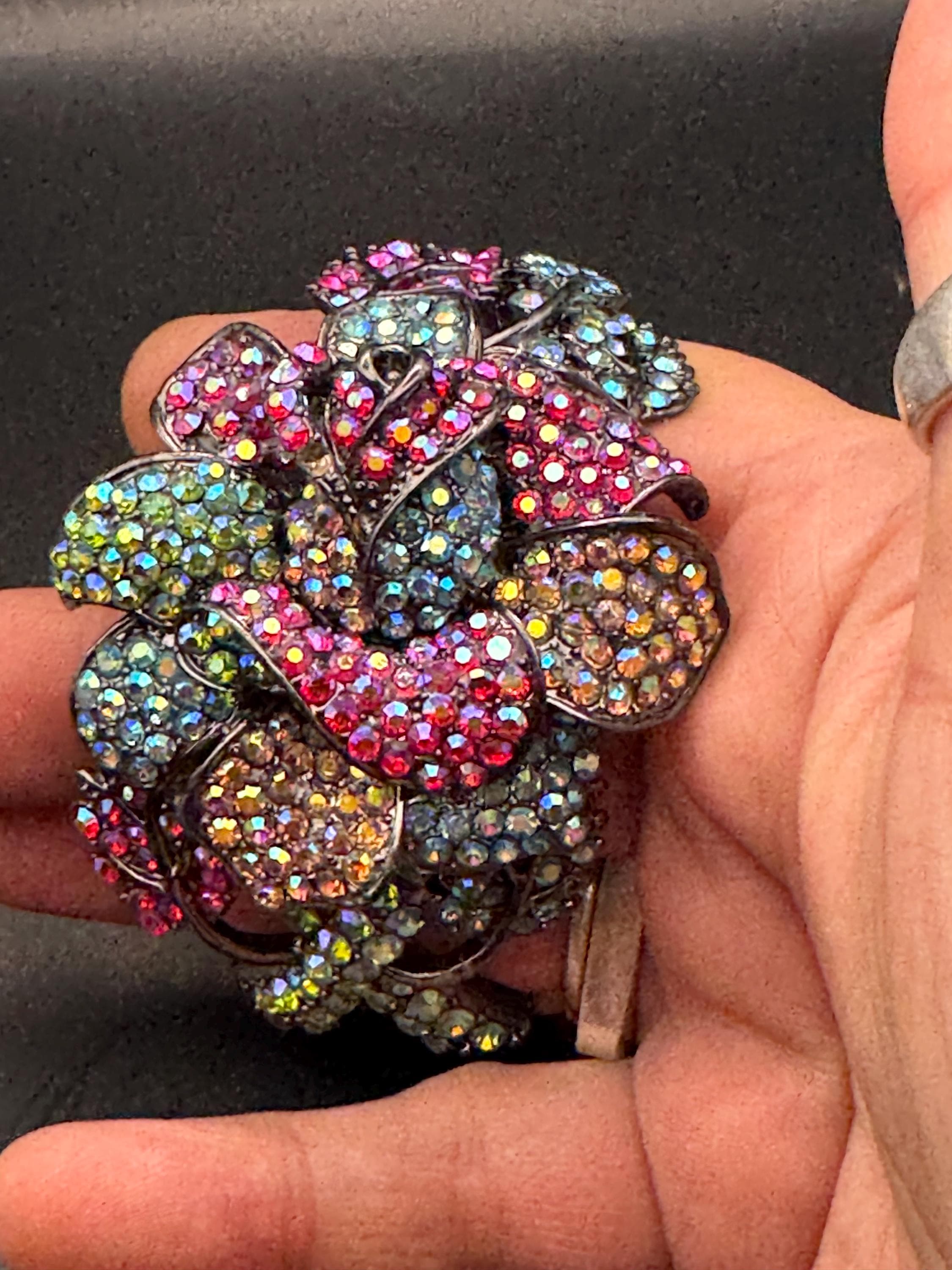 Oversized diamanté Clamper Bangle, pink blue ab crystal dark silver tone rhinestone Bracelet.