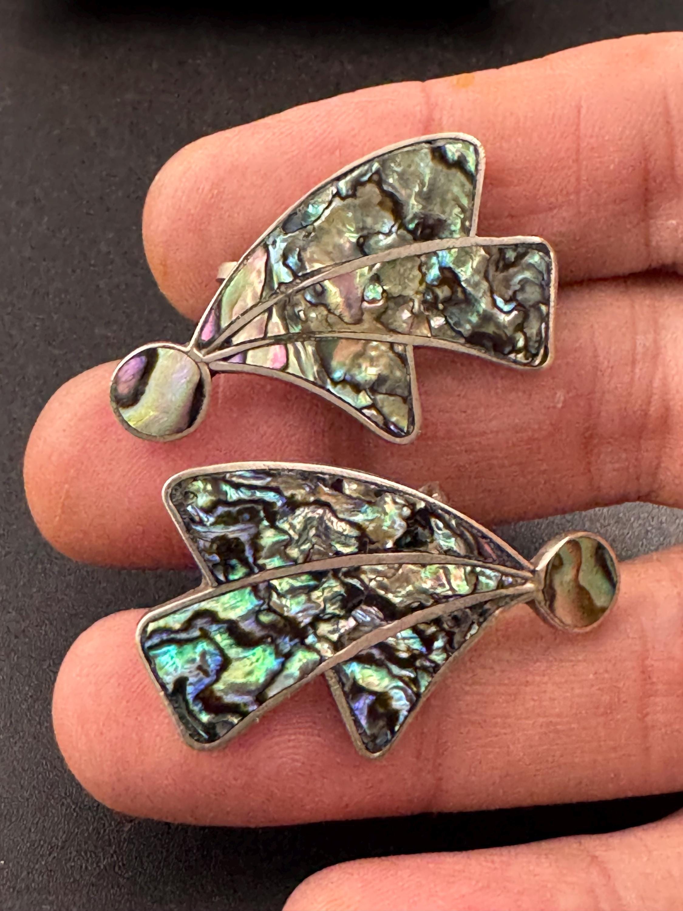 Vintage signed EB 950 abalone shell oversized earrings, Mexican sterling silver clip on screw backs