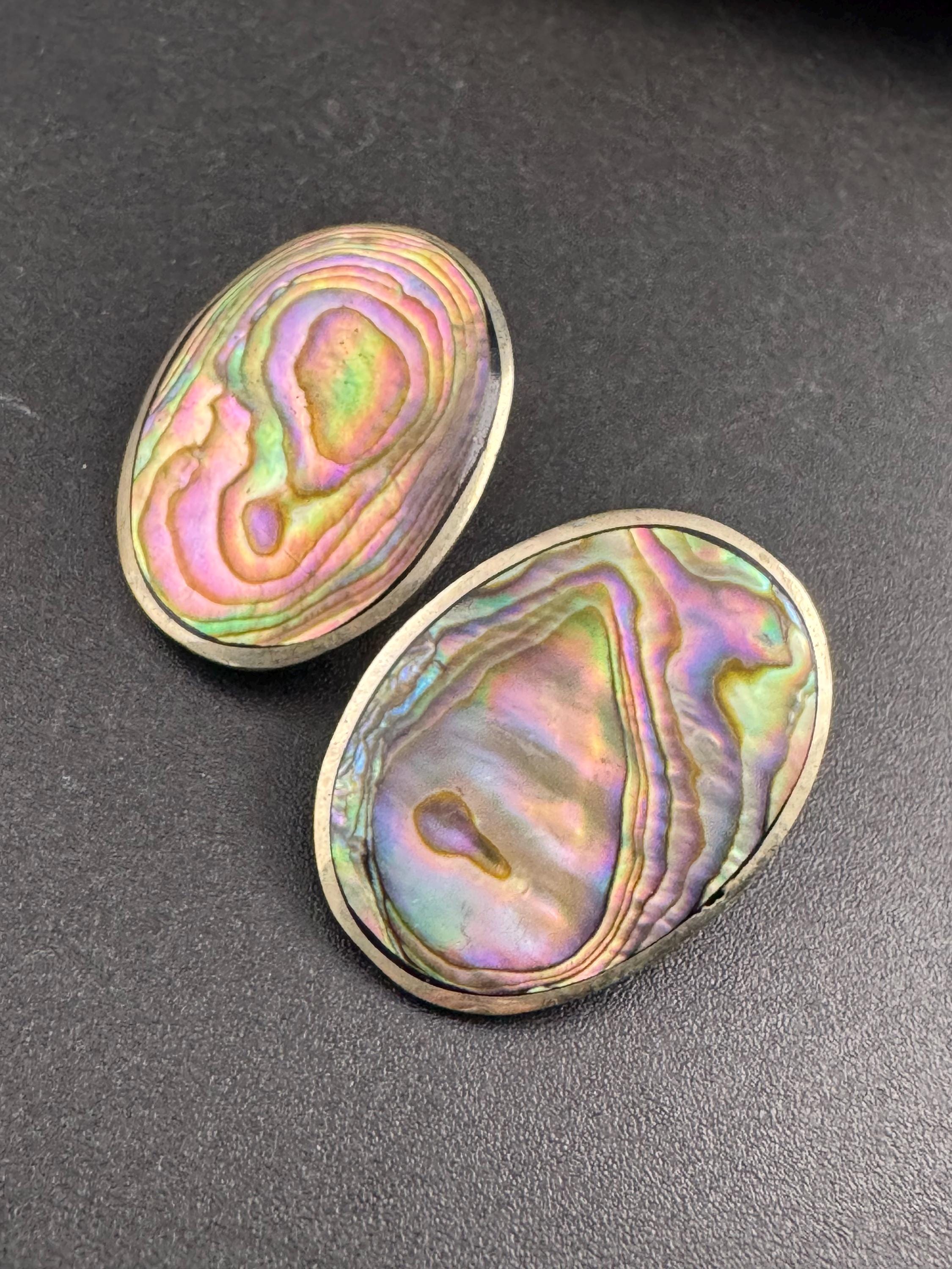 Vintage Alra Mexico silver abalone shell oversized oval earrings, clip on