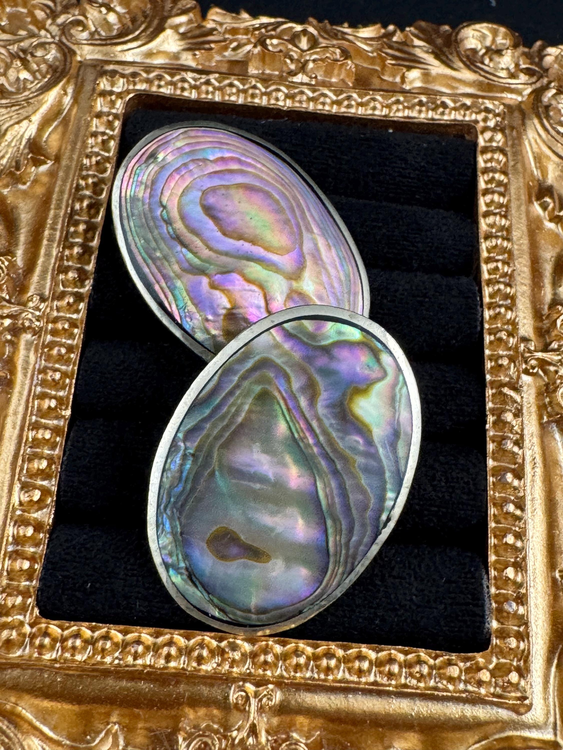 Vintage Alra Mexico silver abalone shell oversized oval earrings, clip on