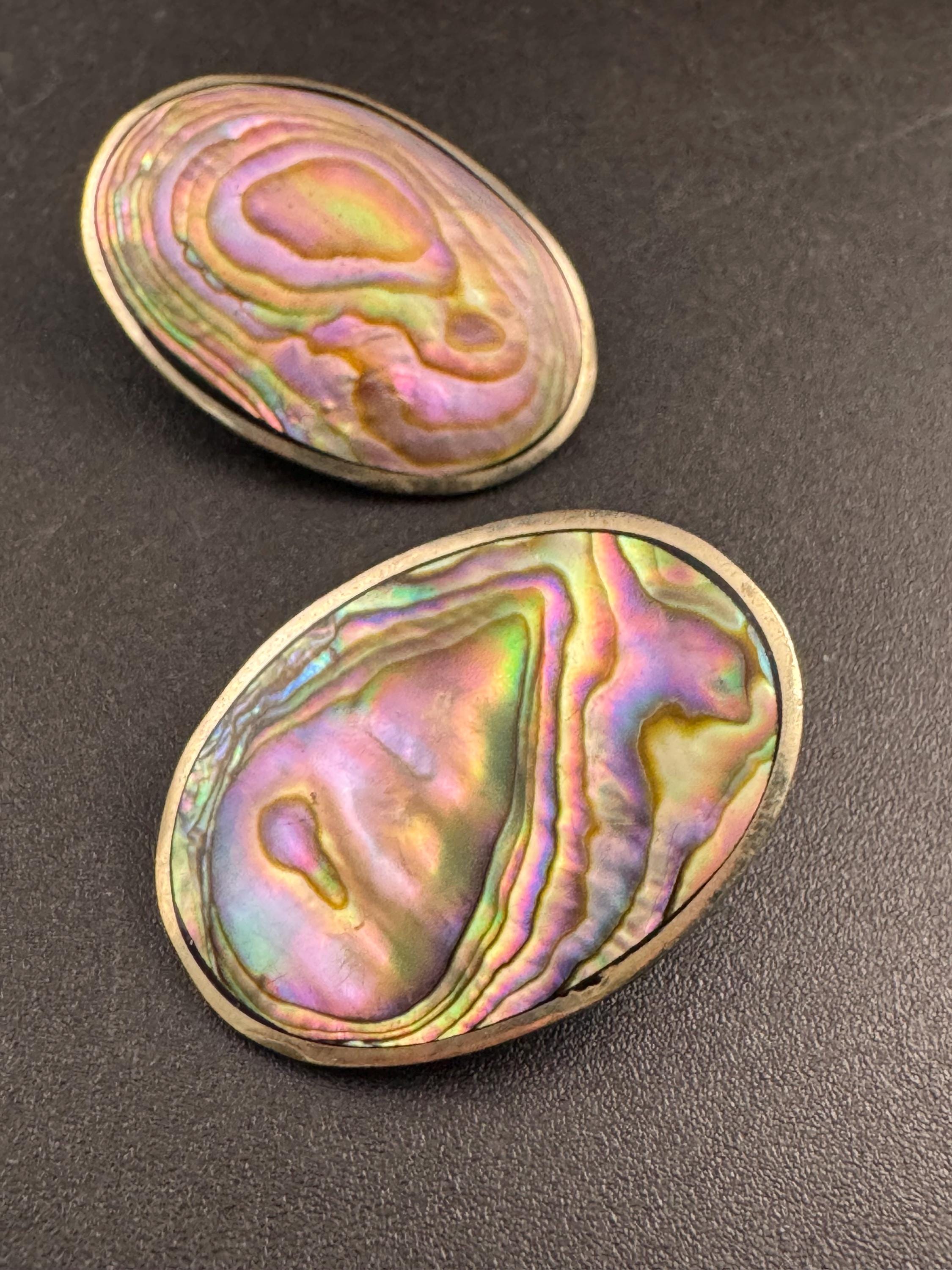 Vintage Alra Mexico silver abalone shell oversized oval earrings, clip on