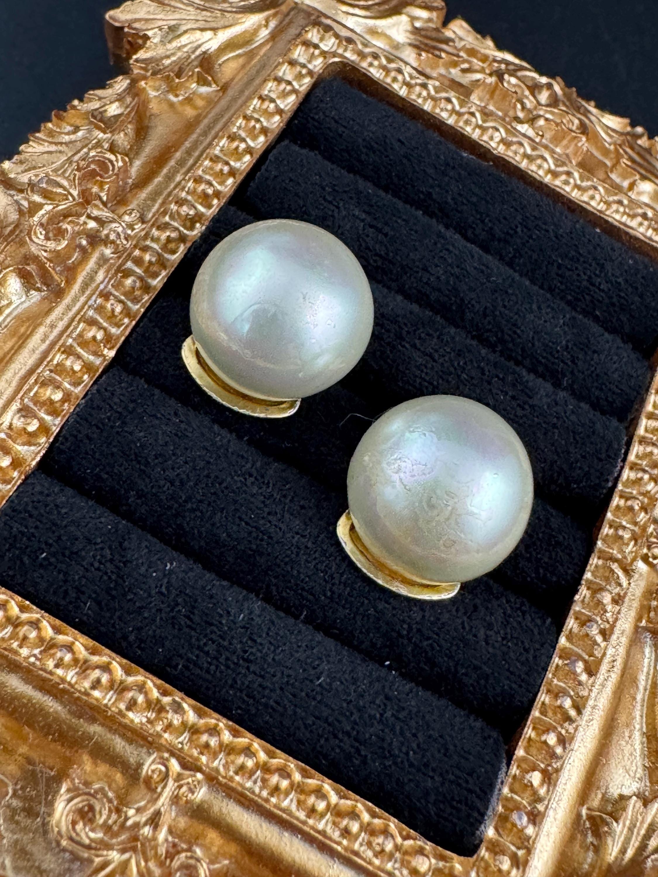 Vintage sterling silver gilt faux button pearl clip on earrings 925, gold plated
