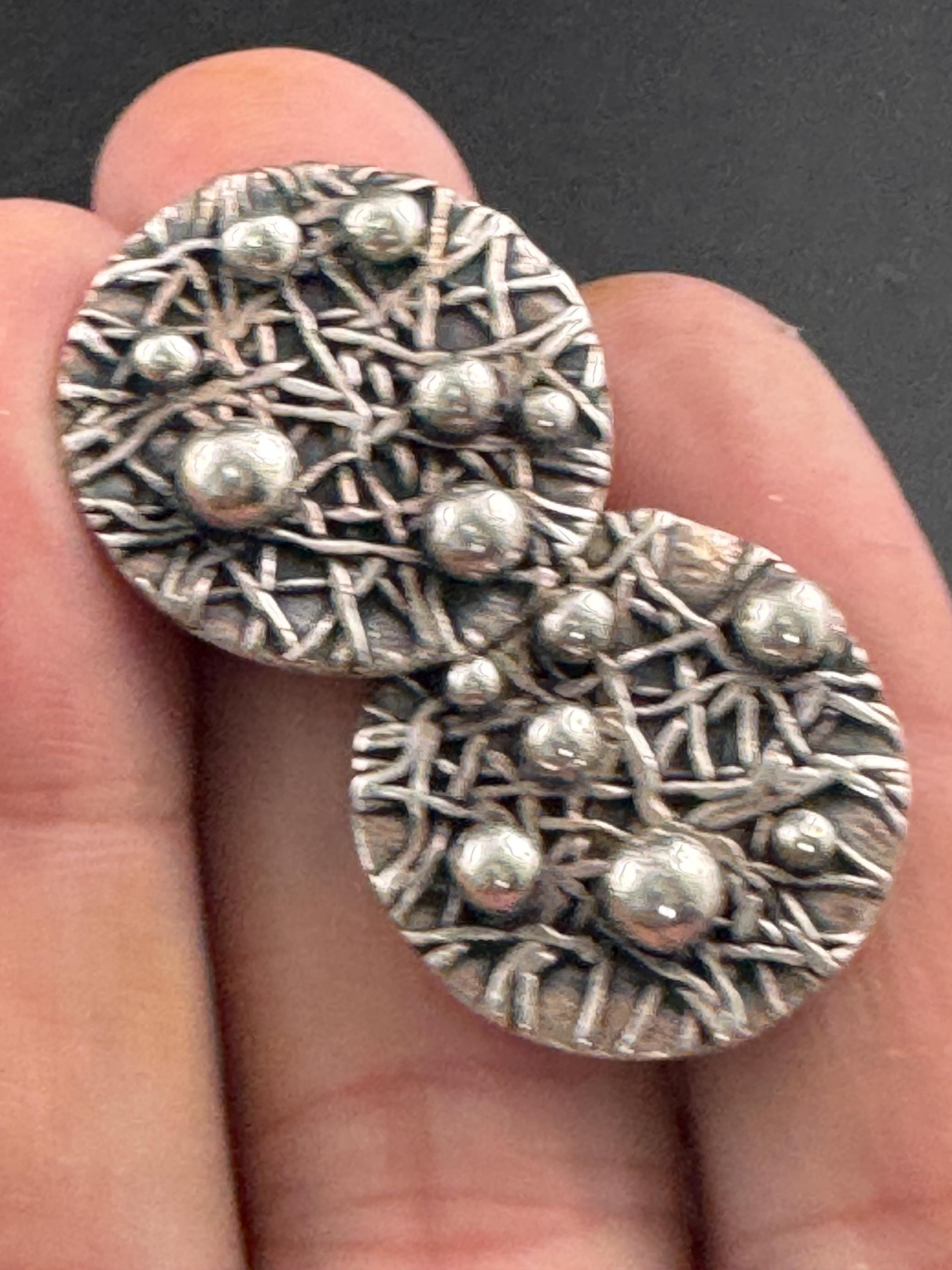 925 silver brutalist textured round earrings , modernist pierced studs fully hallmarked