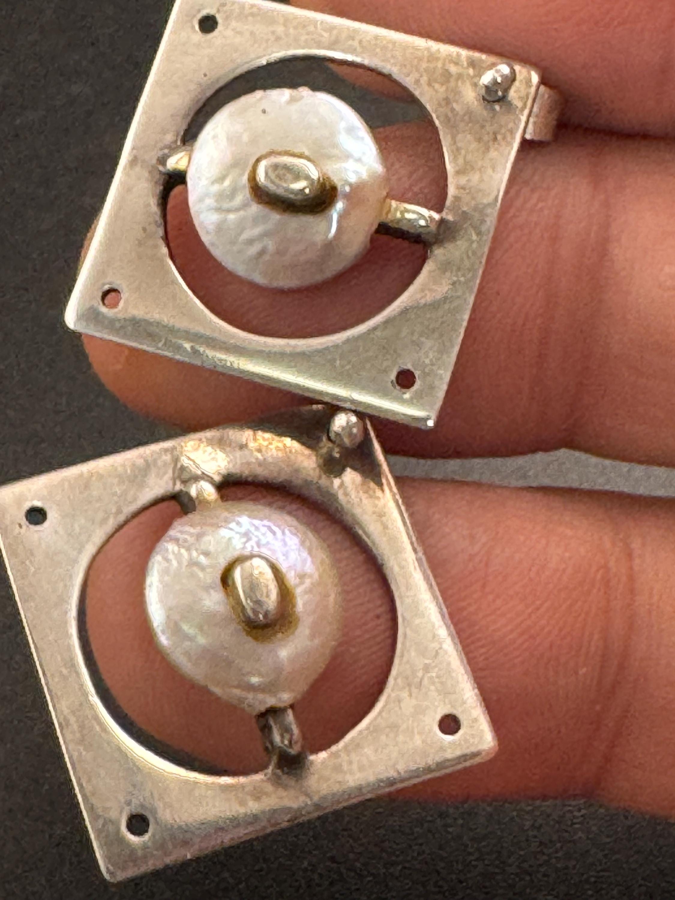 Tested silver artisan natural pearl  brutalist square earrings 925, modernist pierced studs