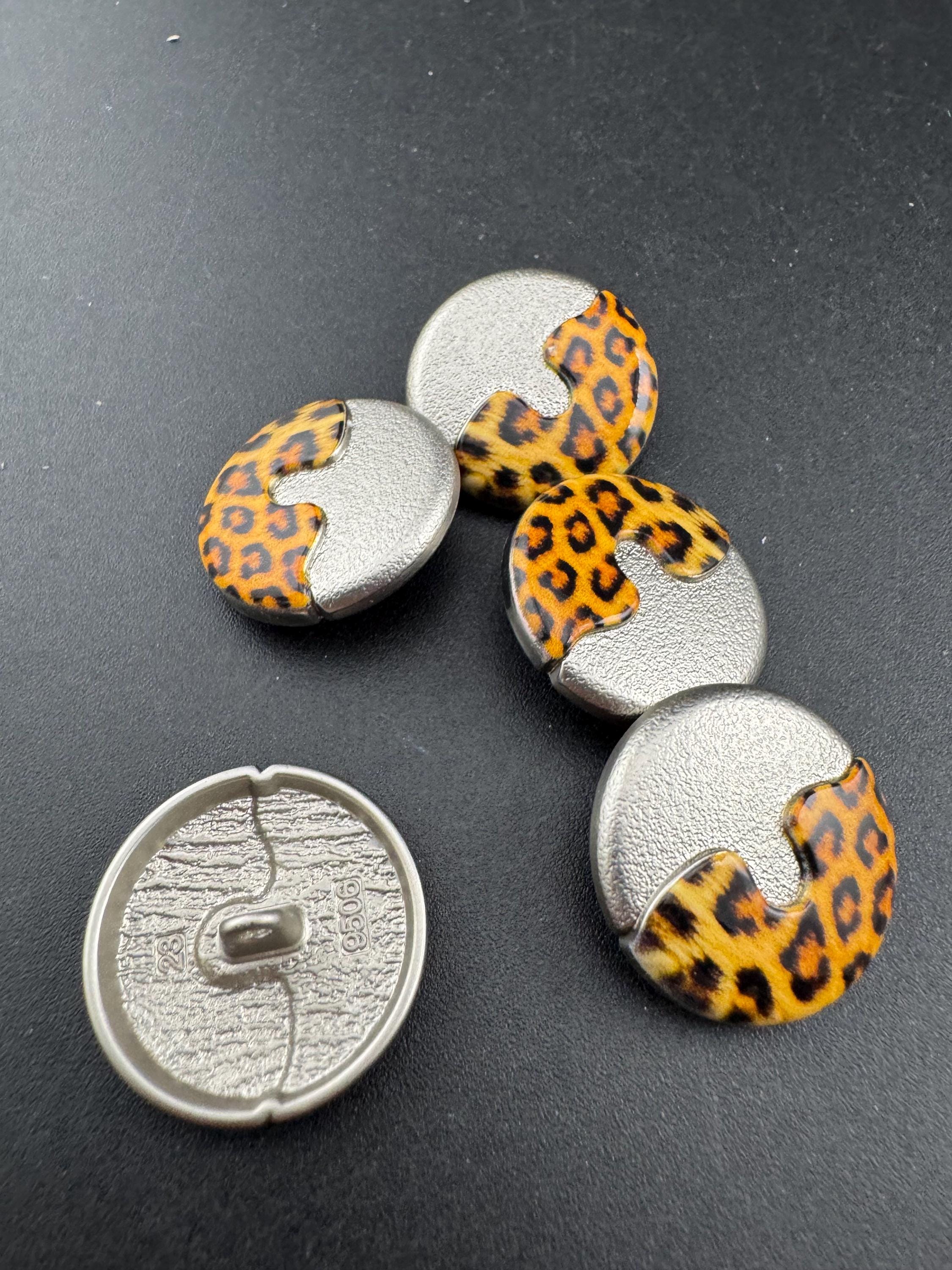 25mm leopard print buttons,  silver metal and brown acrylic ( Set of 5)