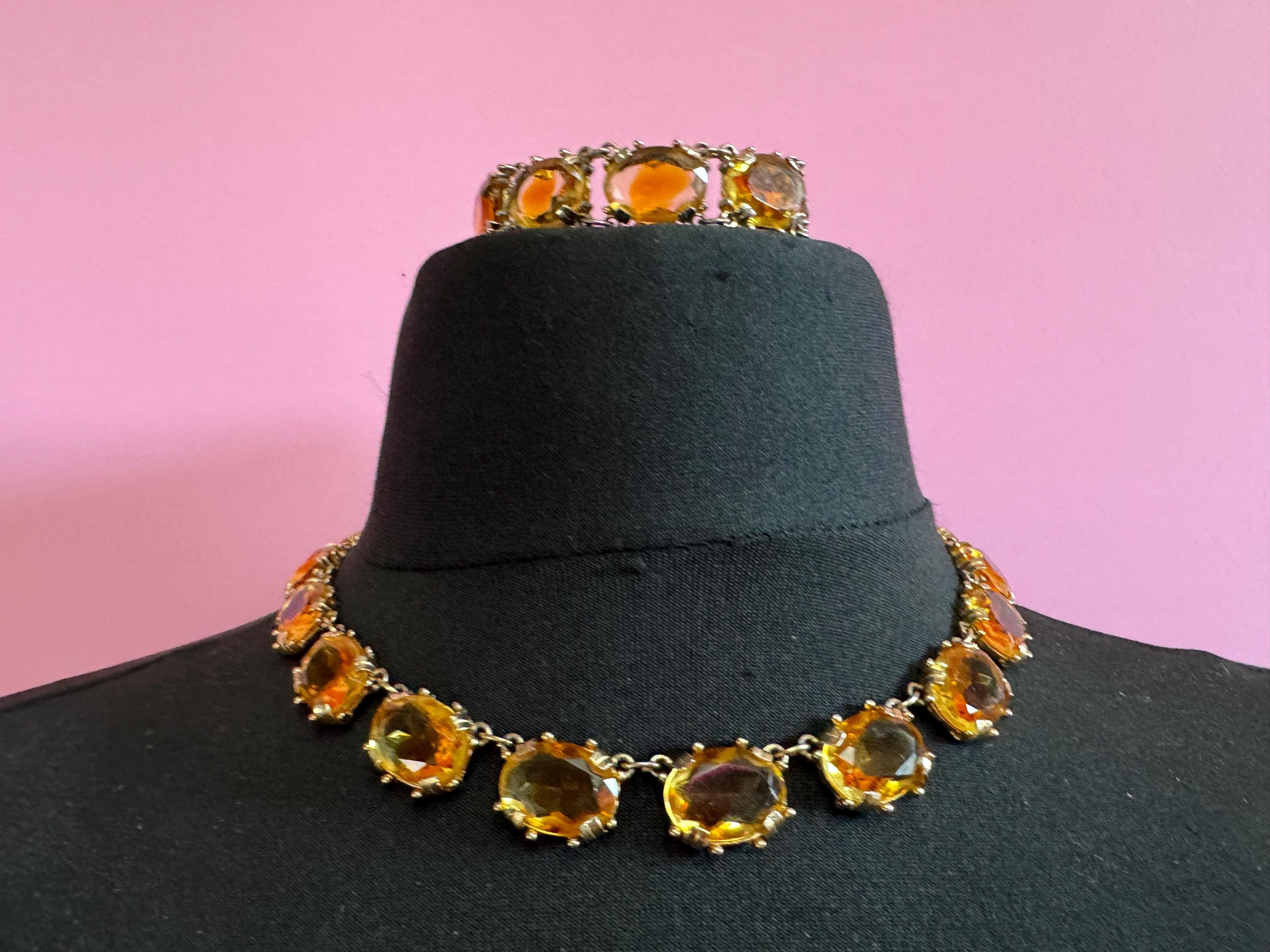 Vintage Citrine orange Glass Necklace and Bracelet Set