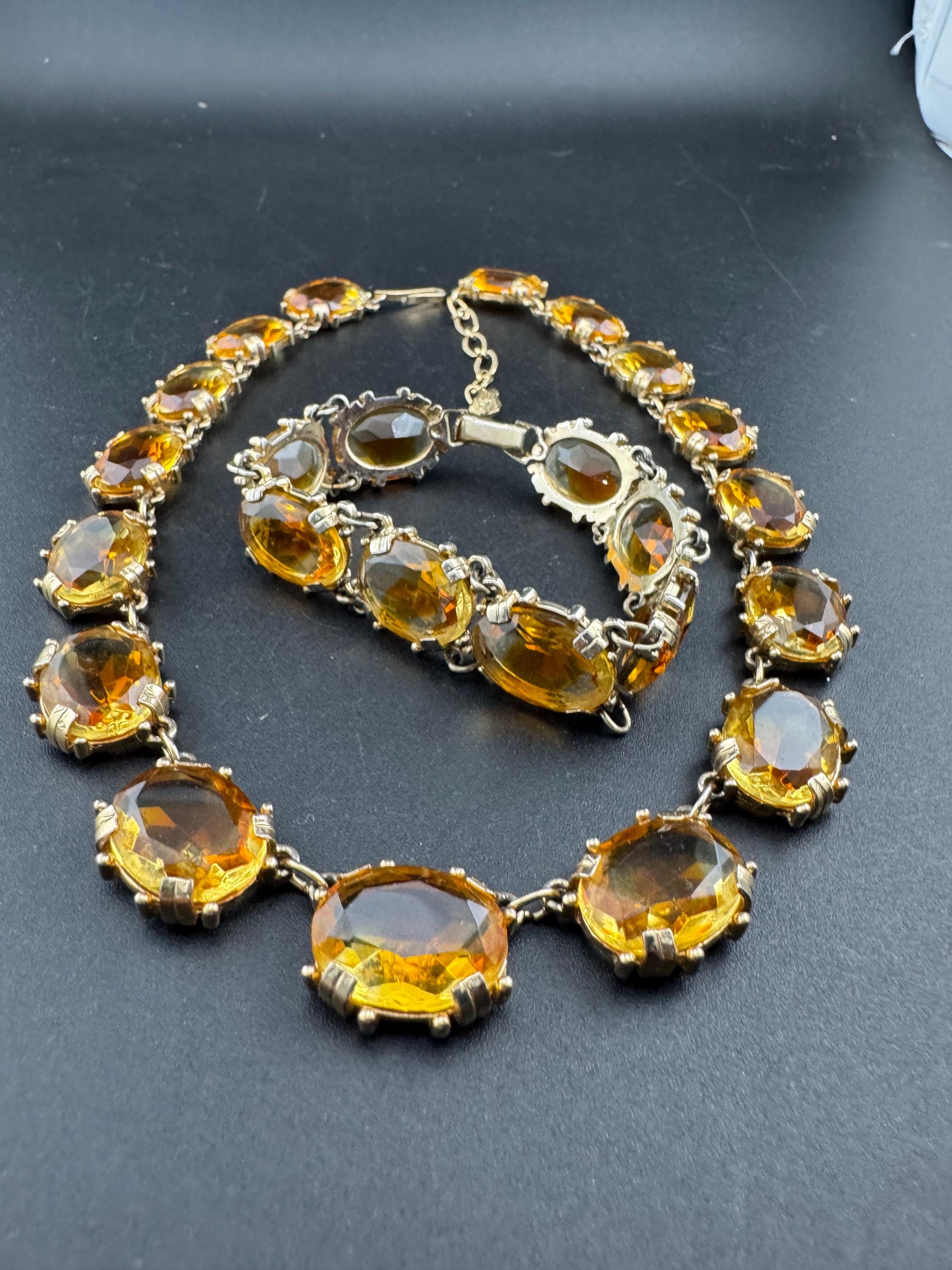 Vintage Citrine orange Glass Necklace and Bracelet Set