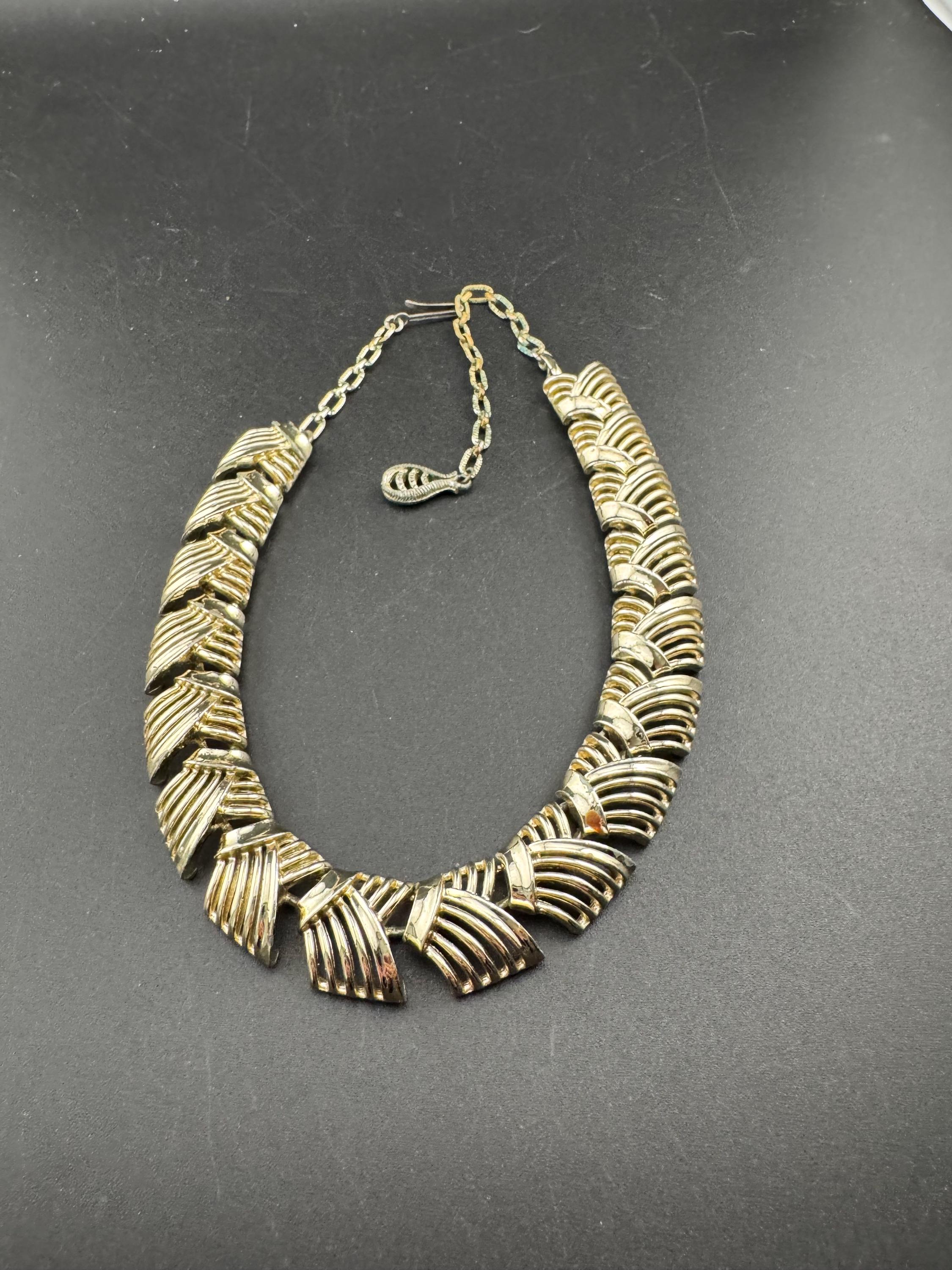 Vintage geometric panel Link choker necklace with wear, as found gold tone