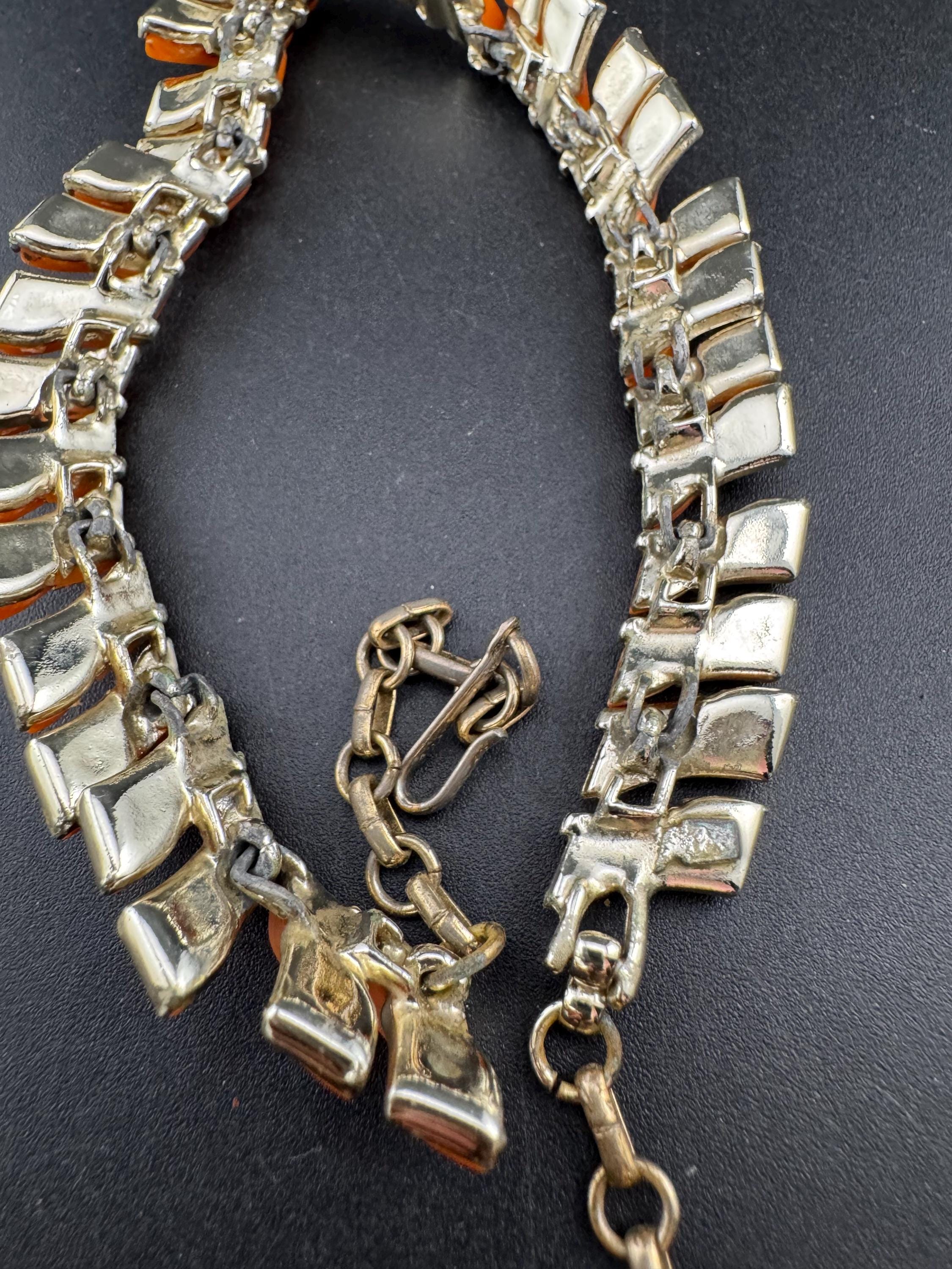 Vintage Orange panel link collar necklace, 50s thermoset plastic