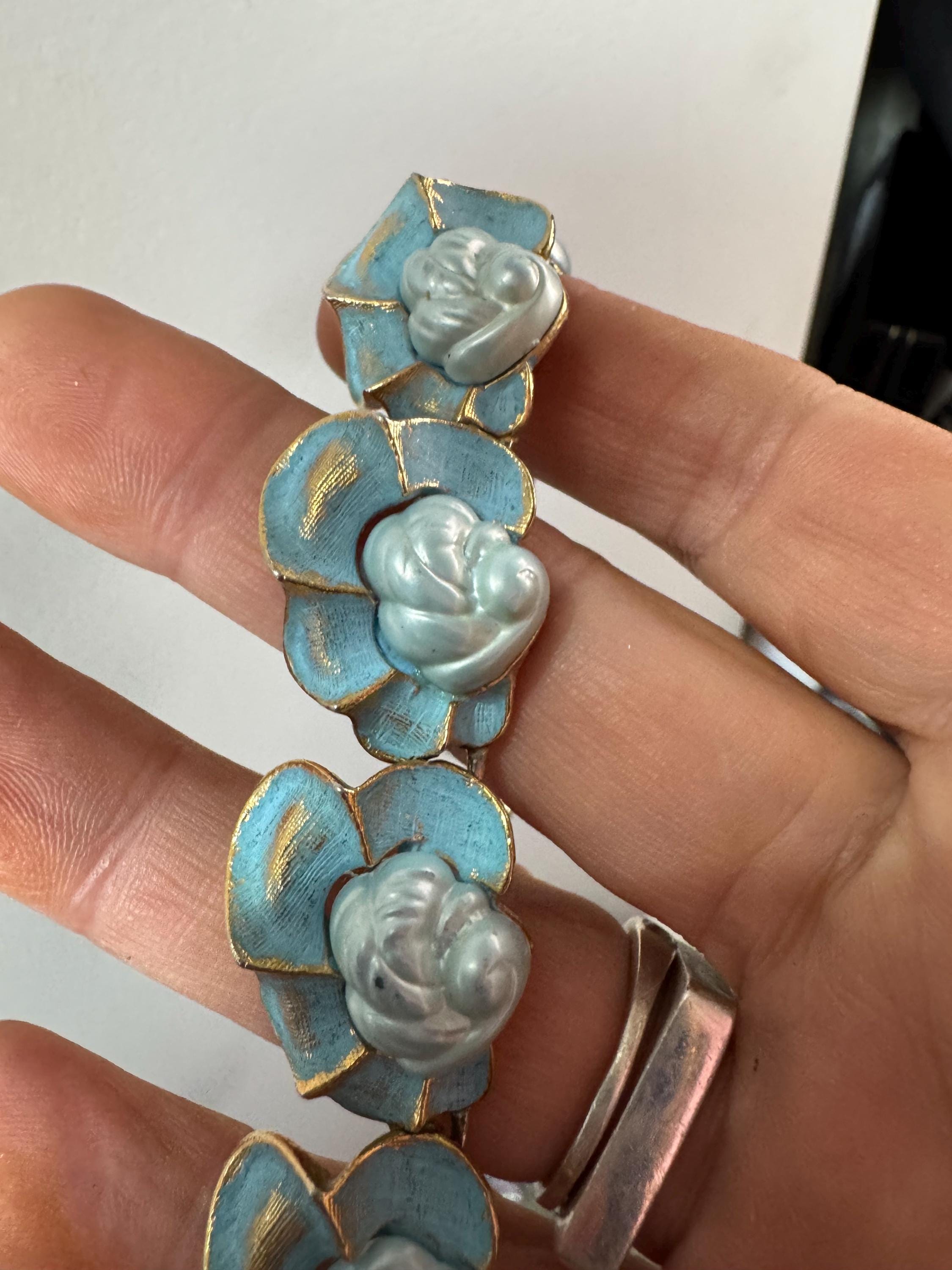 Vintage baby blue enamel panel link choker necklace 42cm, gold tone 50s